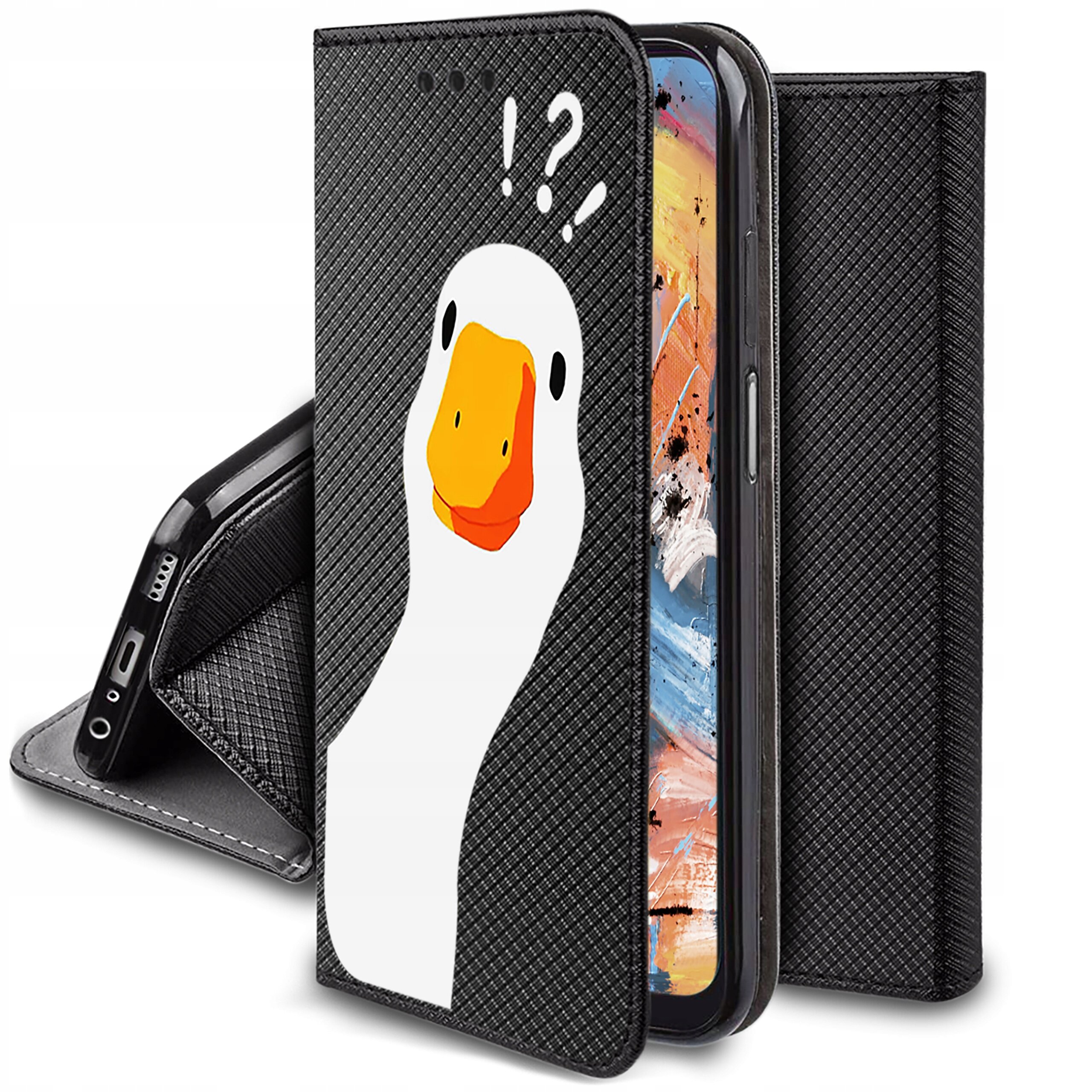 Etui na telefon z czarnym wzorem i grafiką białej kaczki z pomarańczowym dziobem oraz znakami zapytania i wykrzyknika nad głową. Wewnątrz widoczny jest telefon z kolorowym ekranem.