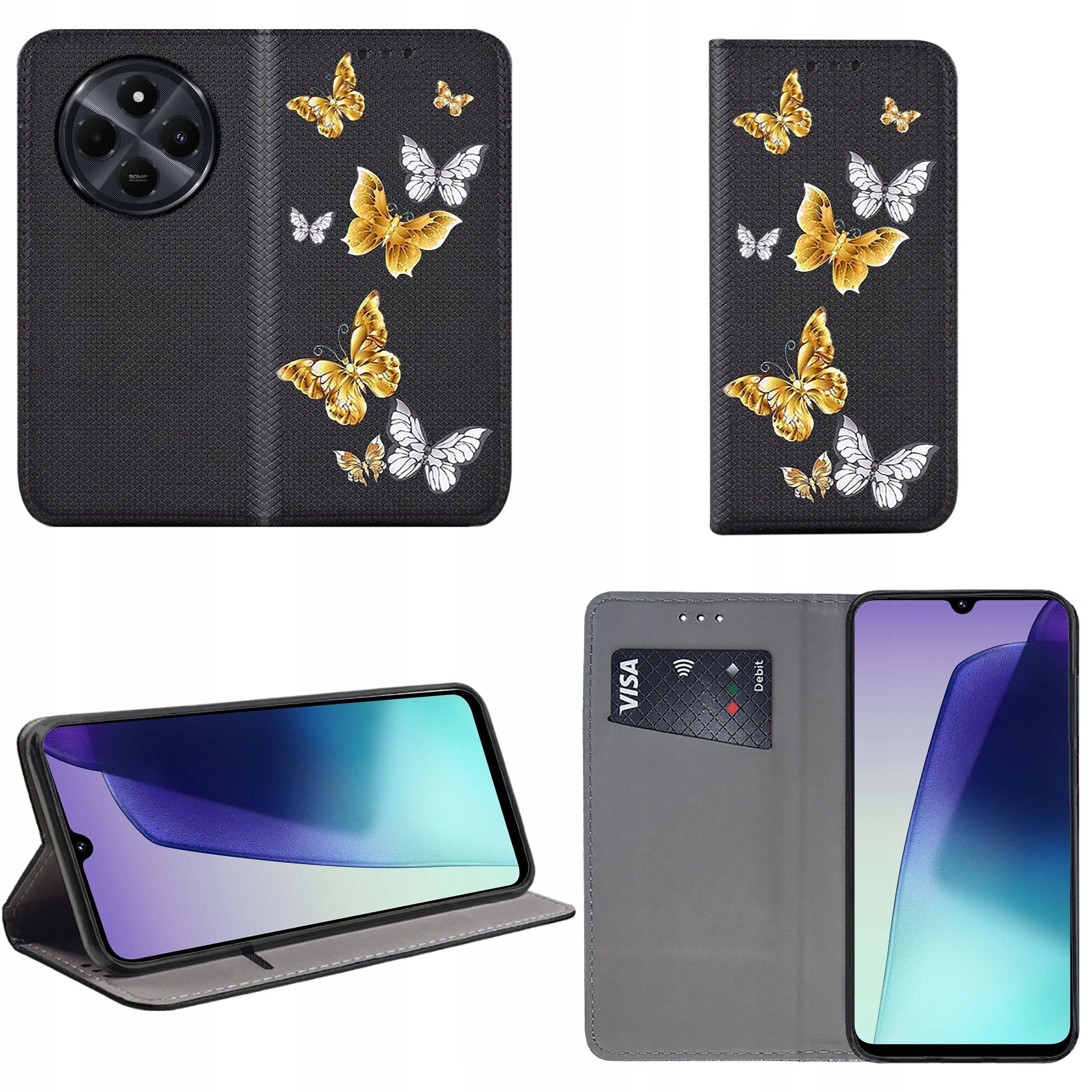 Etui na telefon z motywem złotych i białych motyli na czarnym tle, z funkcją portfela i miejscem na kartę. Etui umożliwia ustawienie telefonu w pozycji stojącej.
