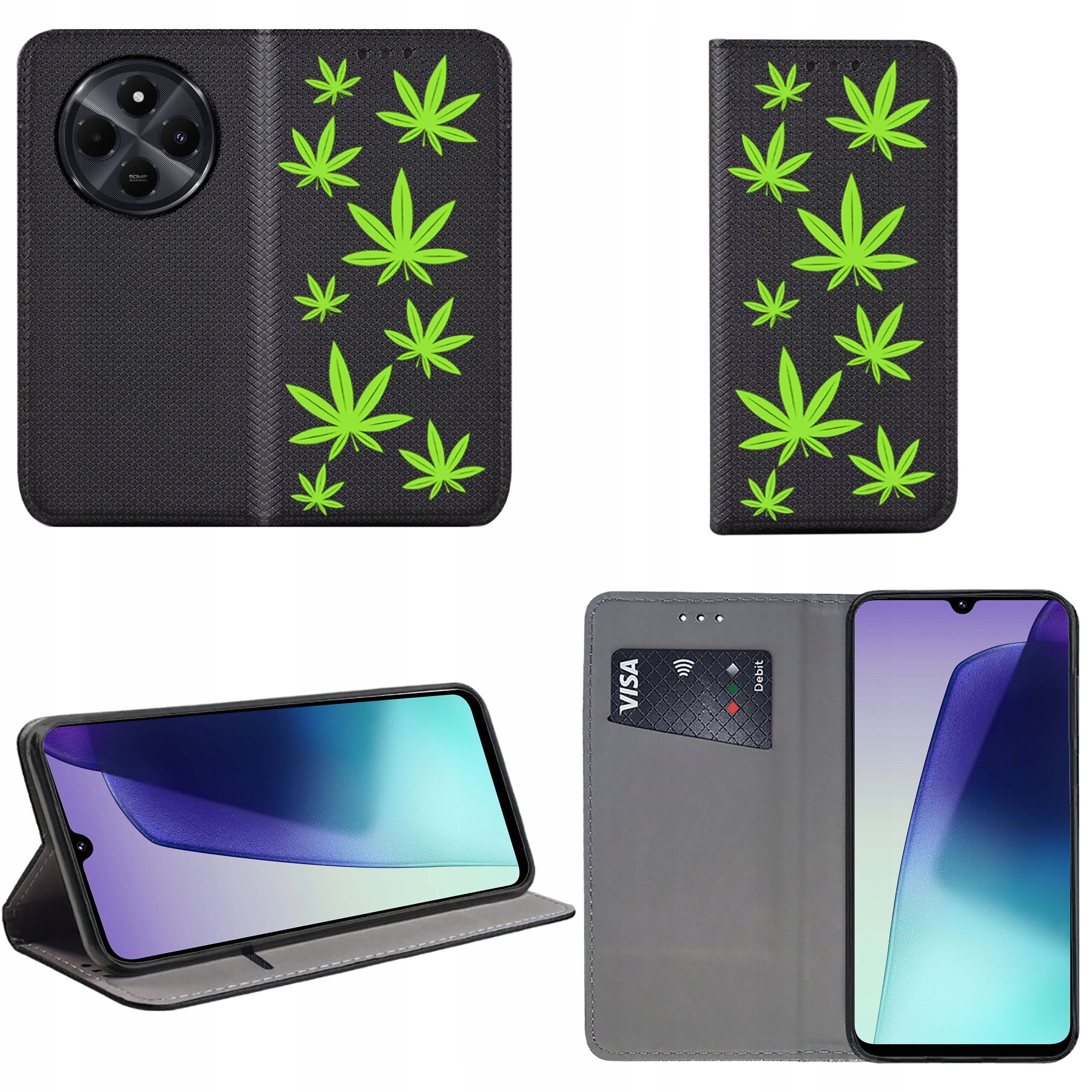Etui na telefon z czarnym tłem i zielonymi wzorami liści, z funkcją portfela i miejscem na kartę. Telefon w etui jest ustawiony w pozycji poziomej, a na ekranie widoczny jest gradientowy motyw.