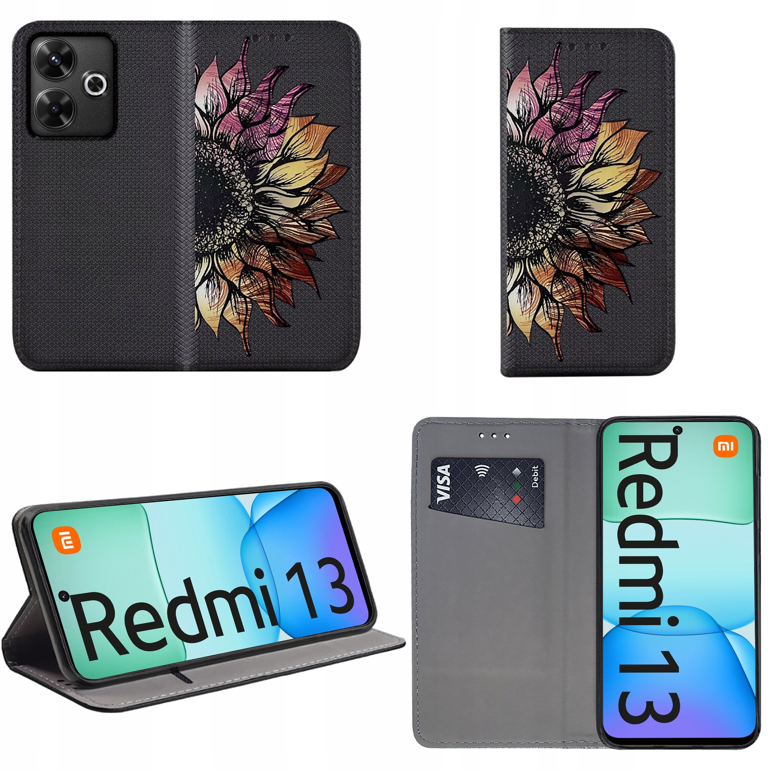 Etui do telefonu z motywem kolorowego kwiatu, z funkcją portfela i miejscem na kartę. Widoczny napis na ekranie telefonu: \'Redmi 13\'.