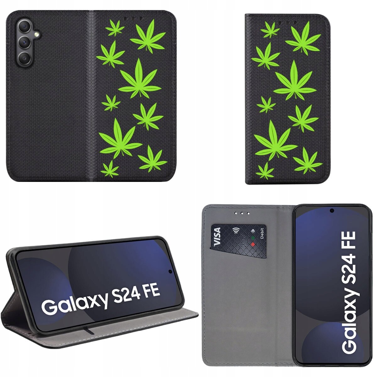 Etui do telefonu z czarnym tłem i zielonymi wzorami liści, z funkcją portfela i miejscem na kartę. Na ekranie telefonu widoczny napis \'Galaxy S24 FE\'.