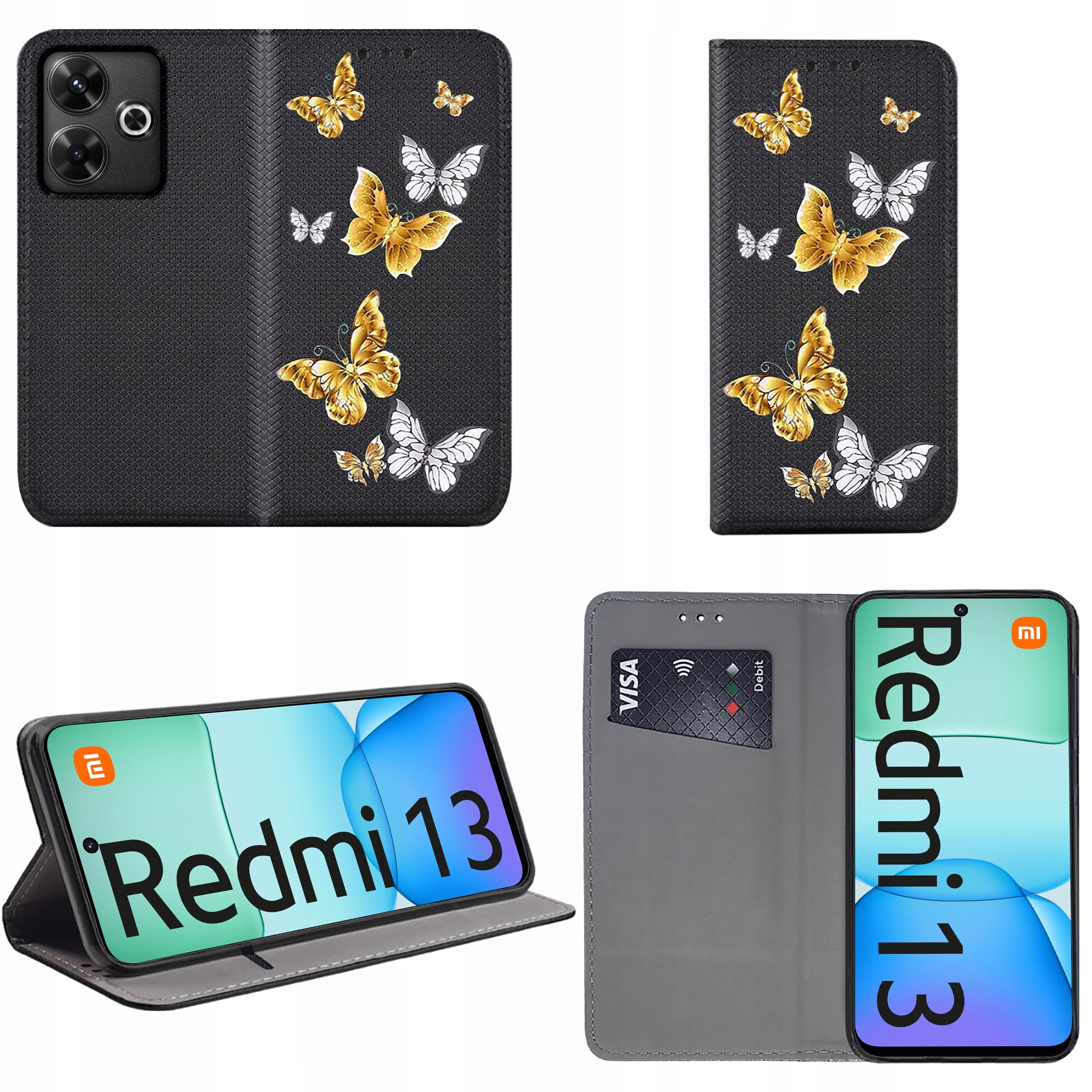 Etui do telefonu z motywem złotych i białych motyli na czarnym tle. Wewnątrz znajduje się miejsce na kartę płatniczą oraz telefon z wyświetlaczem pokazującym napis \'Redmi 13\'.