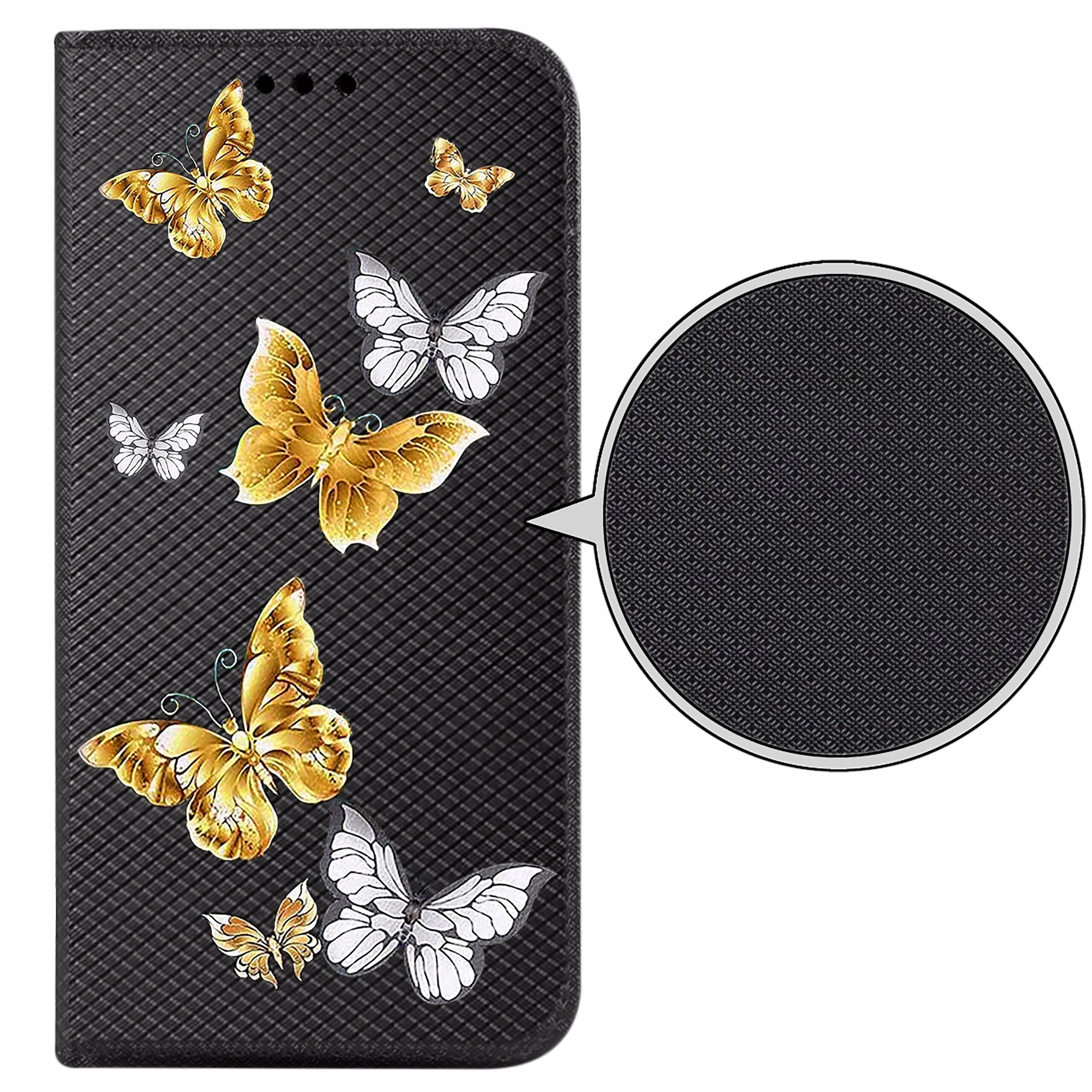 Czarne etui z wzorem motyli w kolorach złotym i białym, z teksturą widoczną w powiększeniu. Etui jest przeznaczone do telefonu Motorola Moto G52.