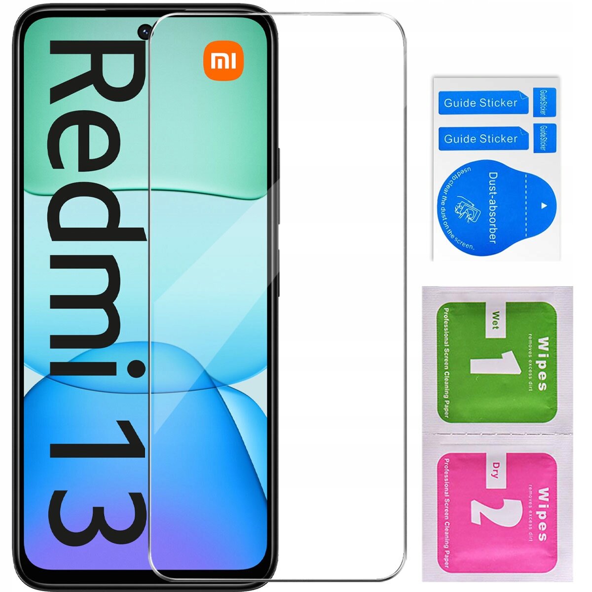 Obraz przedstawia telefon z napisem \'Redmi 13\' oraz logo \'mi\' w górnym rogu, na którym znajduje się szkło ochronne. Obok telefonu widoczne są naklejki \'Guide Sticker\', \'Dust-absorber\' oraz chusteczki \'Wet 1\' i \'Dry 2\'.