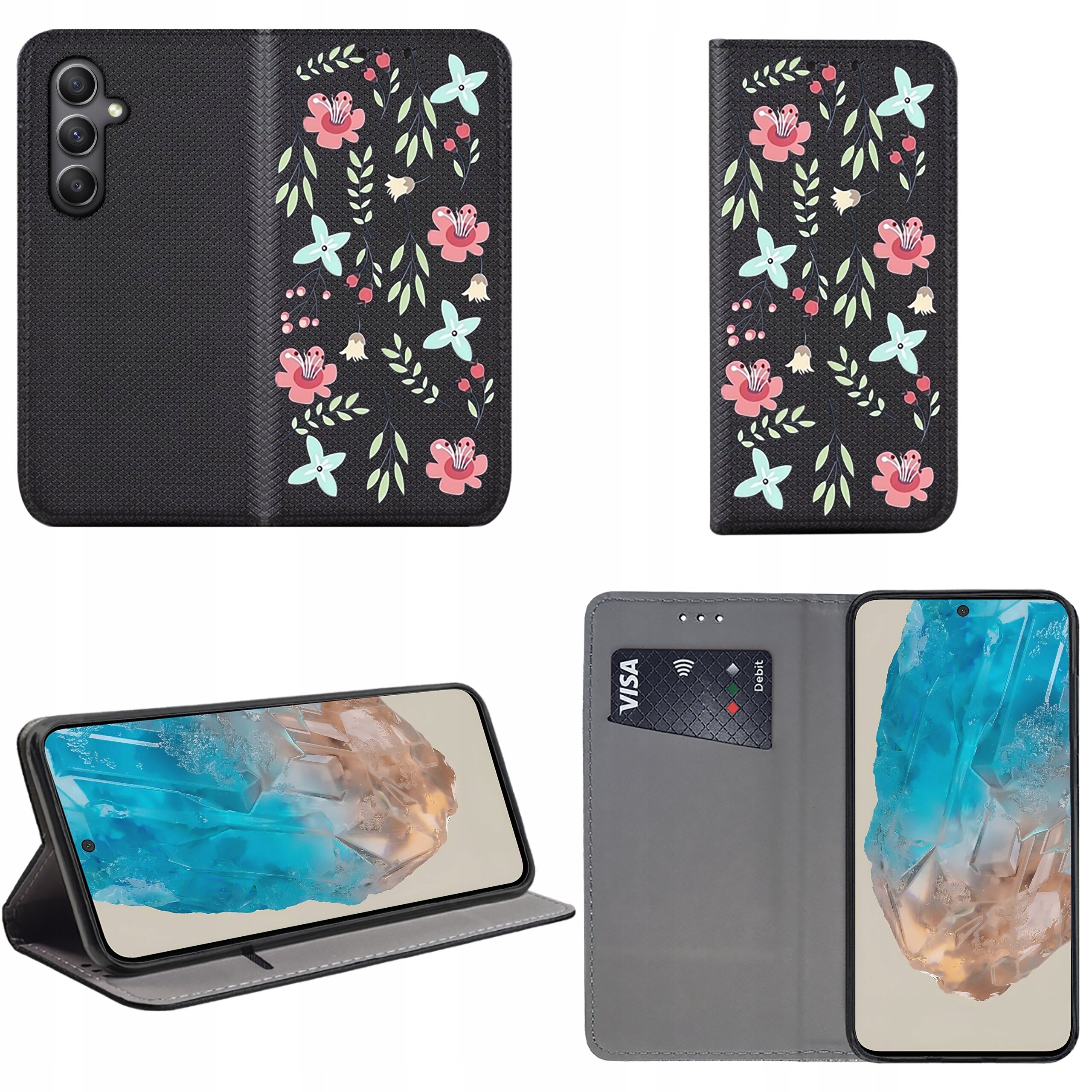 Etui na telefon z czarnym tłem ozdobione kolorowymi kwiatami i liśćmi, z funkcją portfela i miejscem na kartę. Wewnątrz znajduje się telefon z wyświetlaczem przedstawiającym abstrakcyjny obraz.