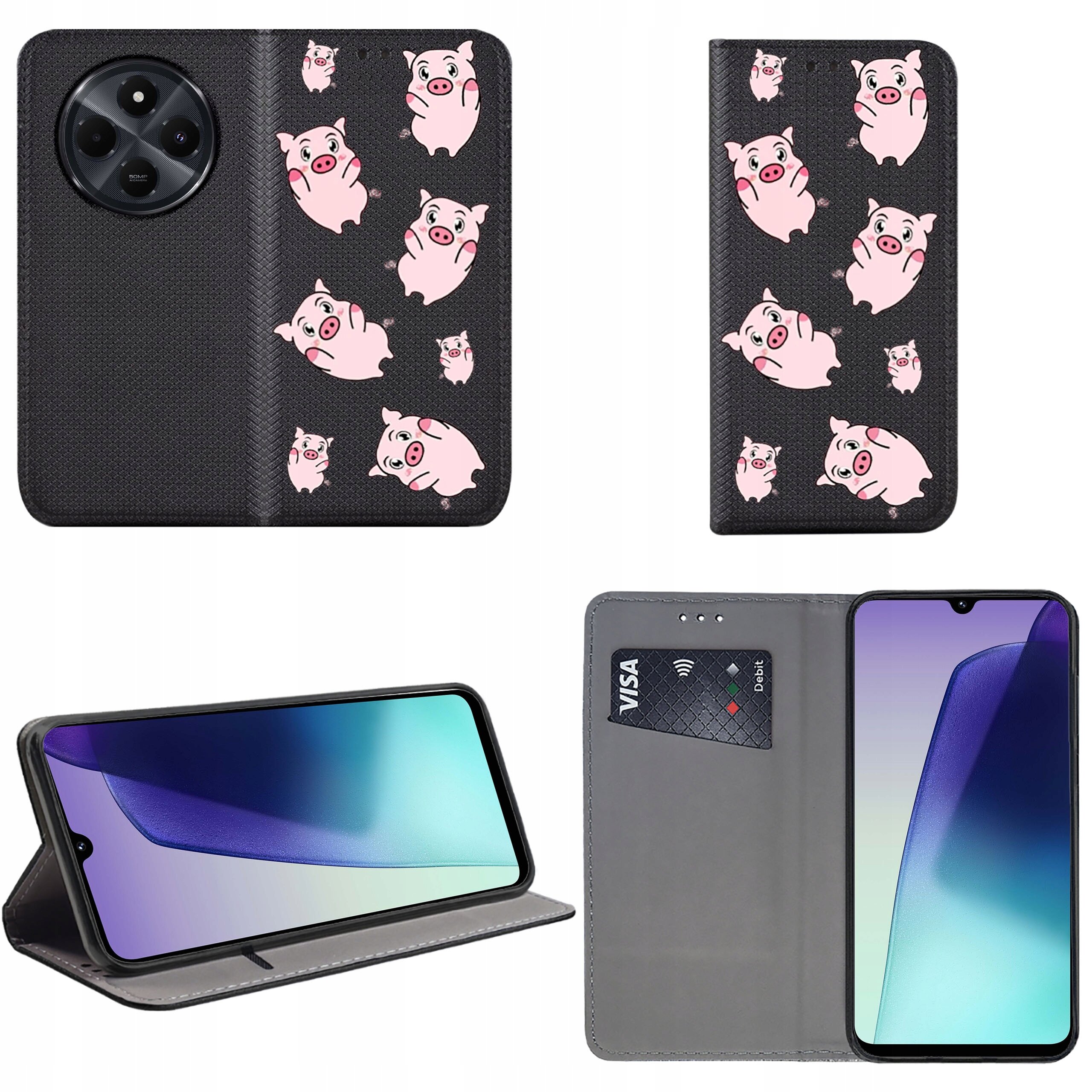 Etui na telefon z czarnym tłem ozdobione różowymi świnkami, posiada funkcję stojaka oraz miejsce na kartę płatniczą. Wewnątrz znajduje się telefon z wyświetlaczem w odcieniach niebieskiego i fioletu.