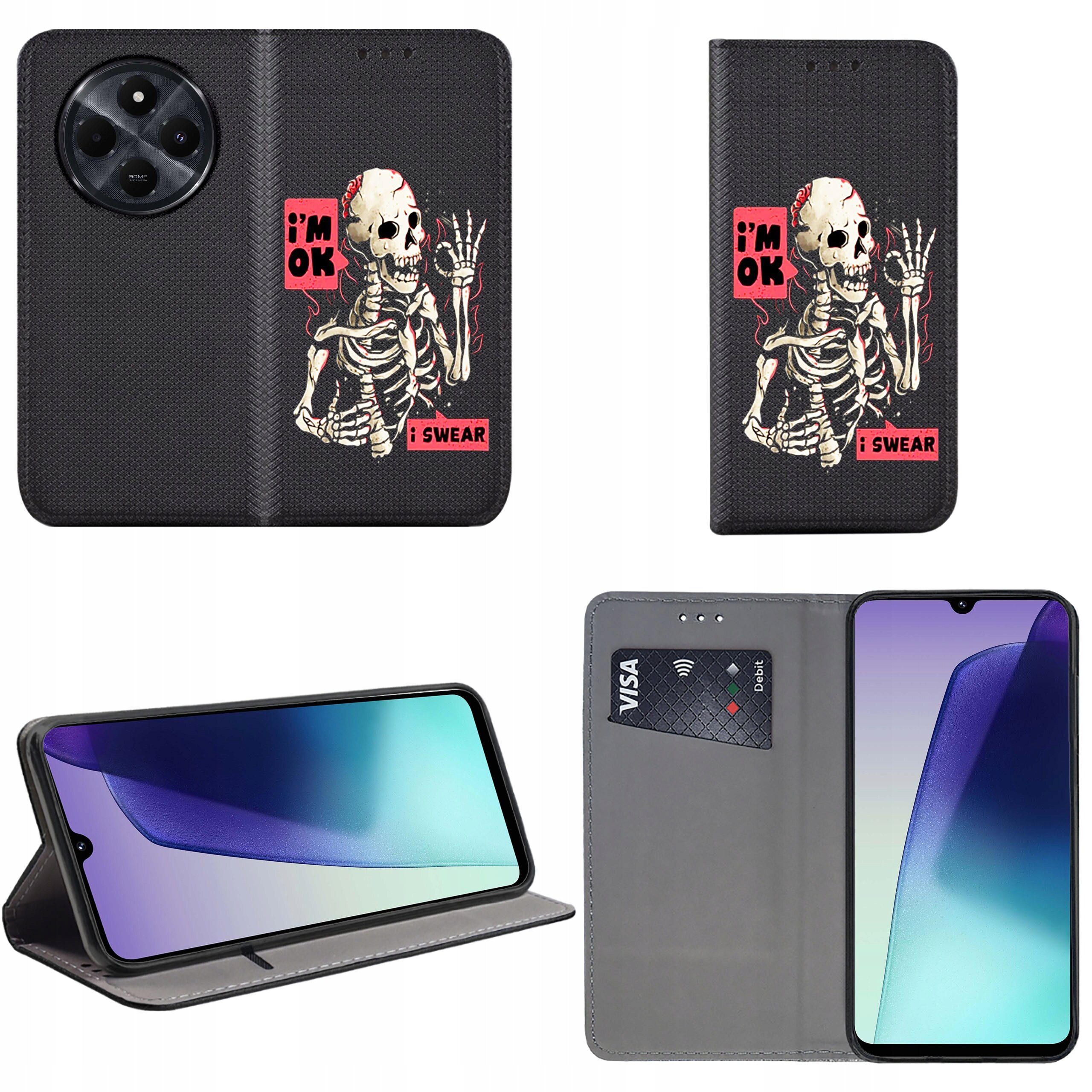 Etui do telefonu z nadrukiem szkieletu i napisami \'i\'m OK\' oraz \'i SWEAR\'. Wewnątrz znajduje się miejsce na kartę płatniczą, a etui pełni funkcję stojaka dla telefonu.