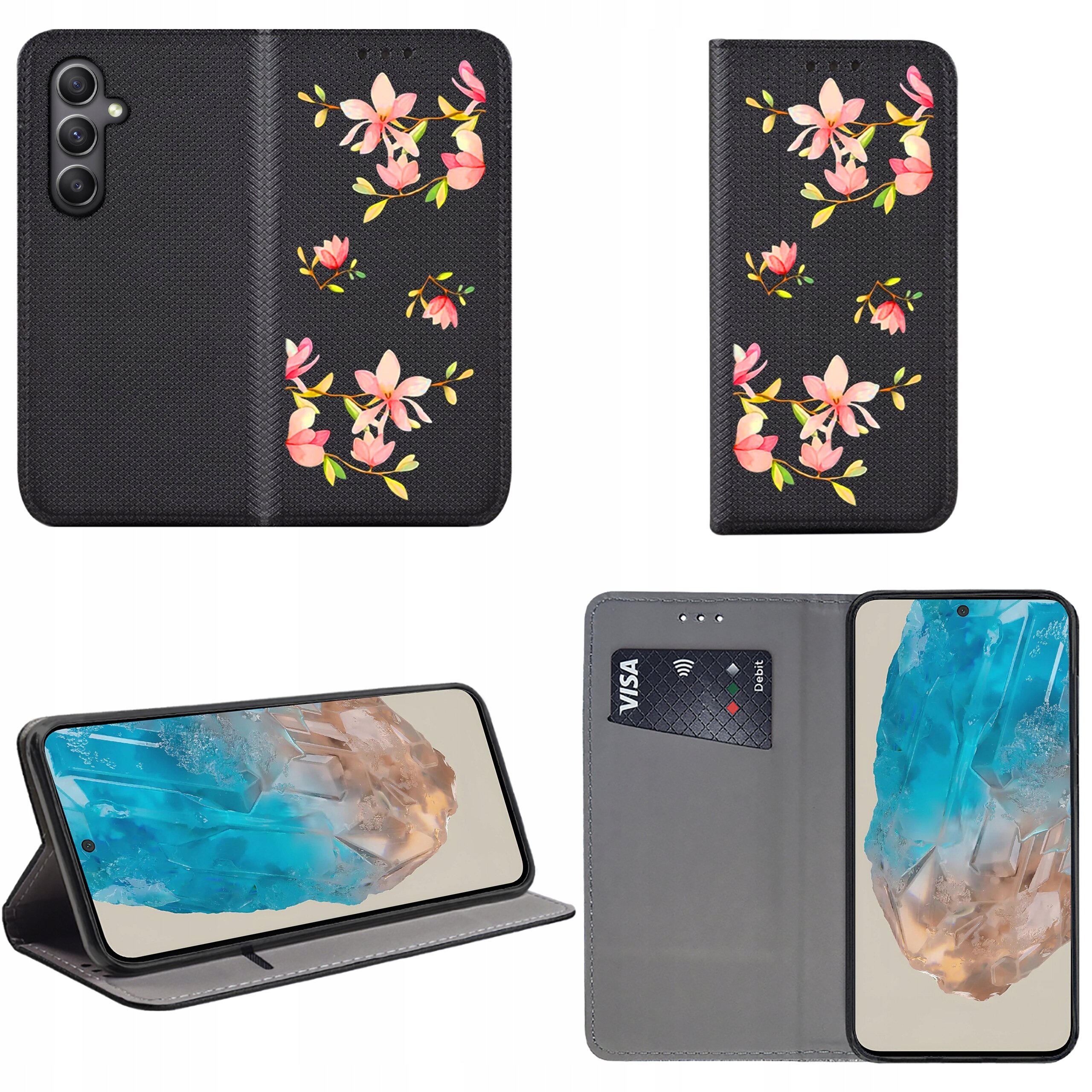 Etui na telefon z czarnym tłem ozdobione różowymi kwiatami, z funkcją portfela i miejscem na kartę. Telefon w etui wyświetla obraz z lodowcem.