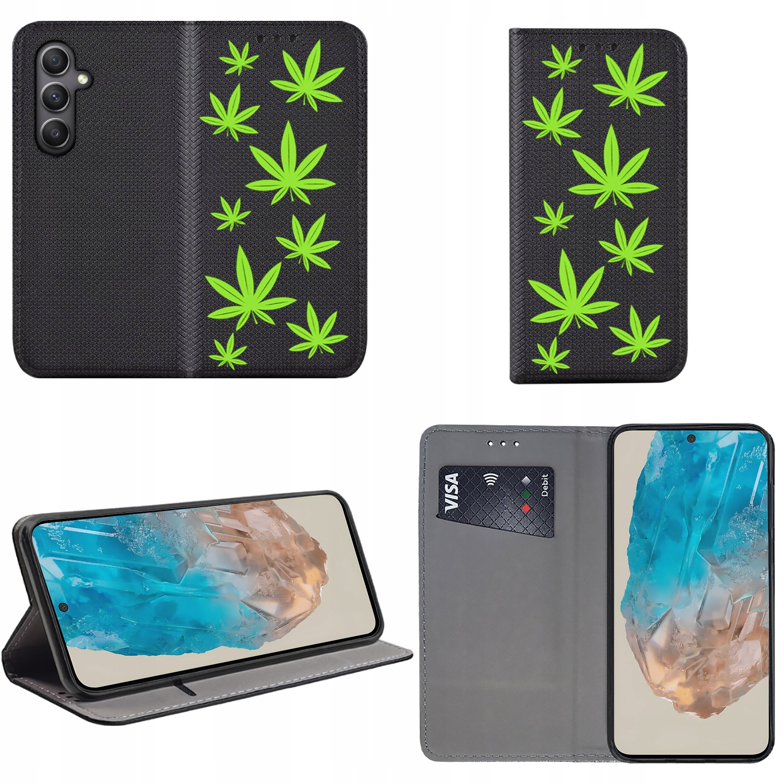 Obraz przedstawia czarne etui na telefon z zielonymi wzorami liści. Etui ma funkcję portfela z miejscem na kartę płatniczą i może być używane jako stojak do telefonu.