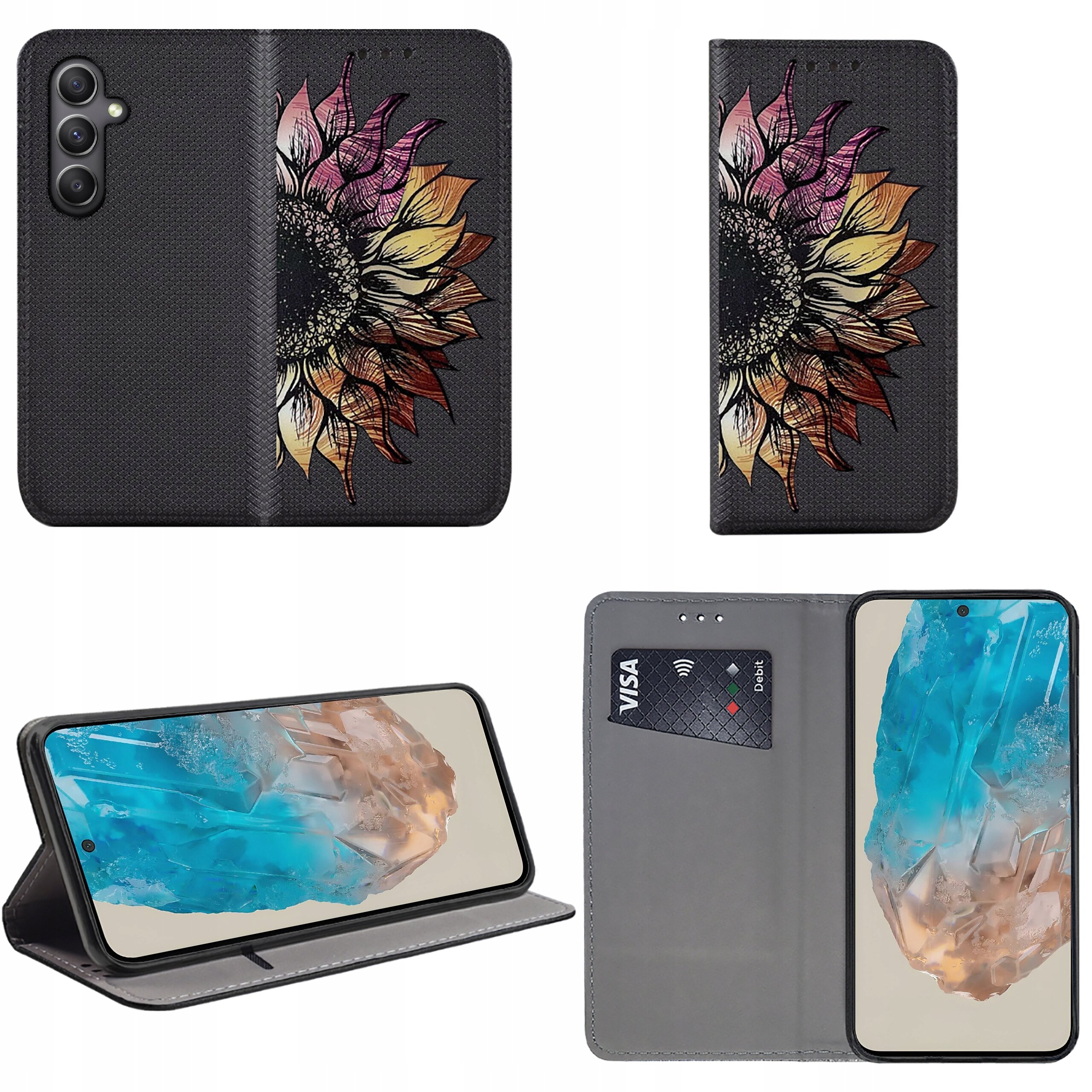 Etui na telefon z motywem kolorowego kwiatu, posiada funkcję portfela z miejscem na kartę płatniczą. Telefon w etui jest ustawiony w pozycji poziomej, a ekran wyświetla abstrakcyjny wzór.