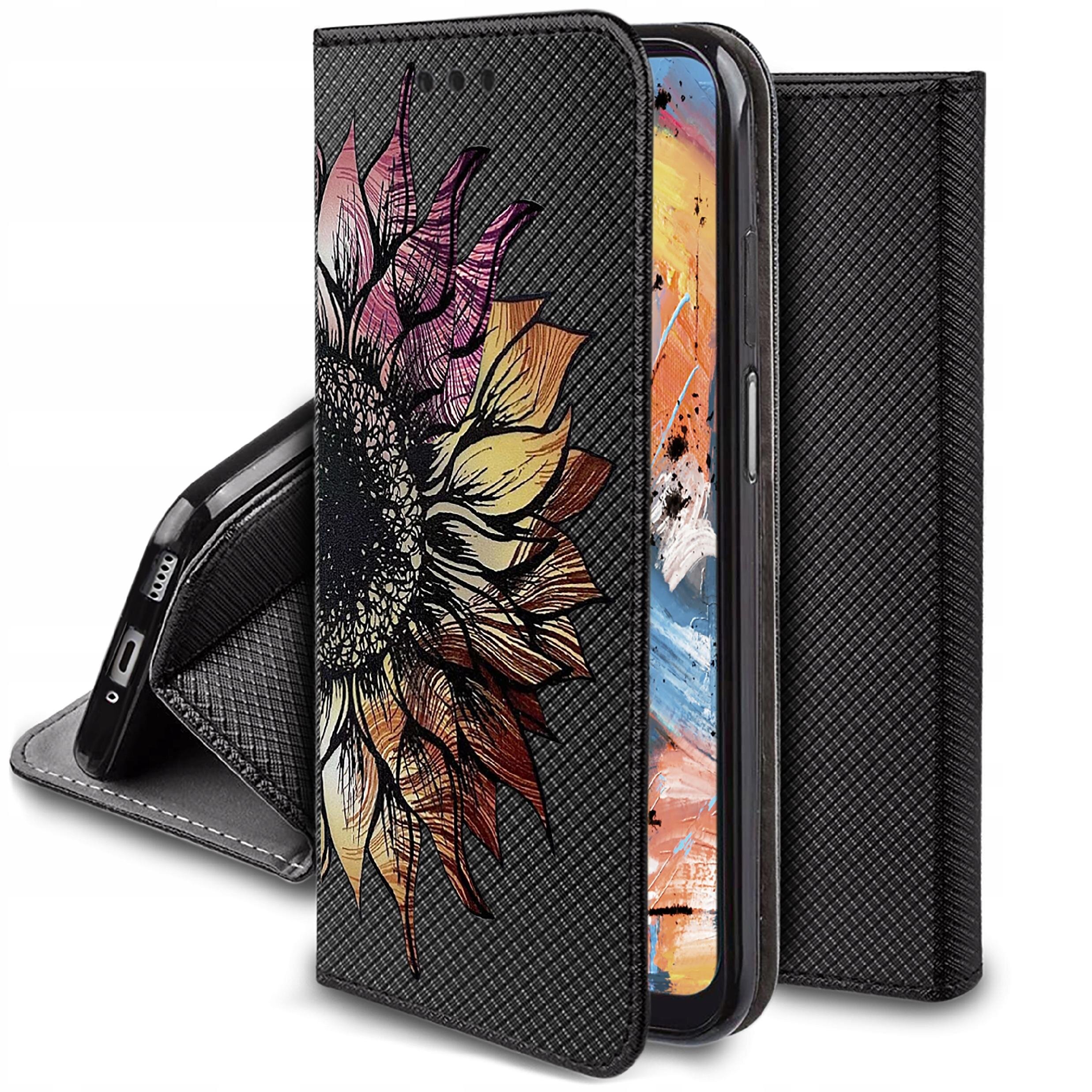 Etui na telefon z czarnym wzorem i dużym, kolorowym motywem kwiatu. Wewnątrz widoczny jest telefon z kolorowym ekranem.