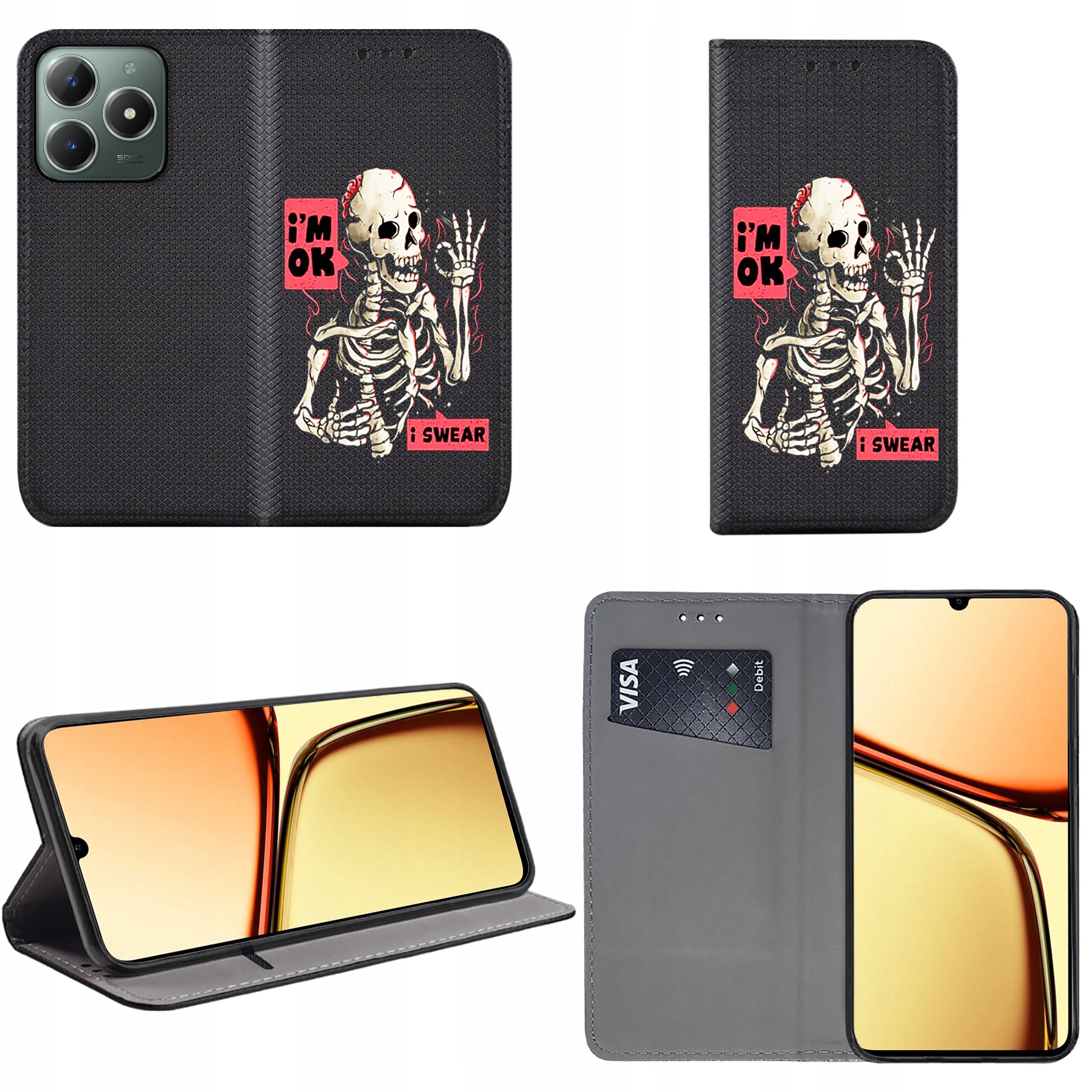 Etui na telefon z czarnym tłem i grafiką szkieletu z napisami \'i\'m OK\' oraz \'i SWEAR\'. Wnętrze etui posiada miejsce na kartę płatniczą z widocznym napisem \'VISA\'.