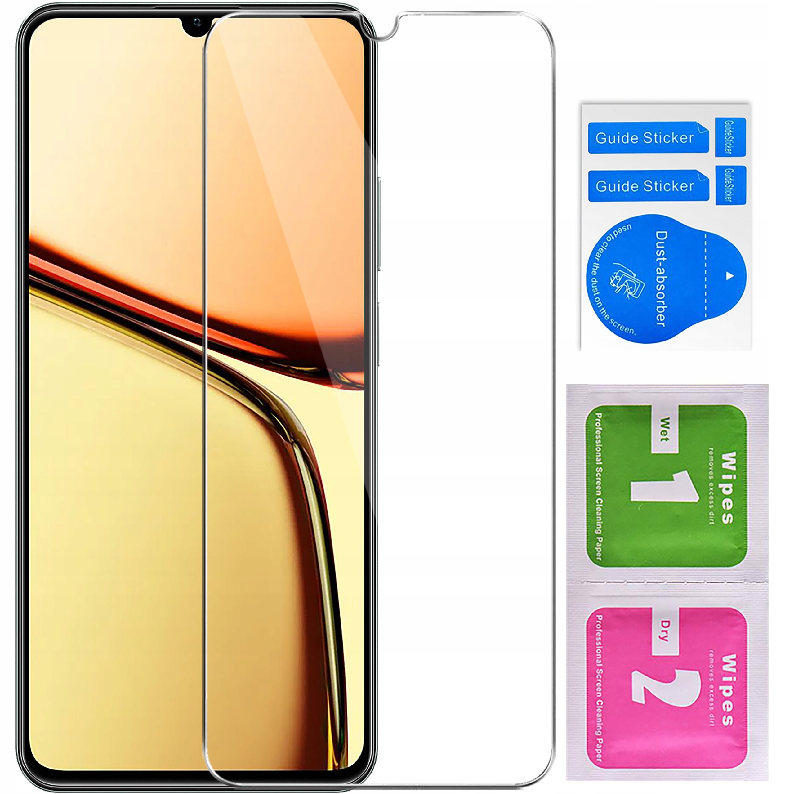 Obraz przedstawia telefon z nałożonym szkłem ochronnym oraz zestaw akcesoriów do montażu, w tym naklejki \'Guide Sticker\', \'Dust-absorber\' i chusteczki \'Wet 1\' oraz \'Dry 2\'.