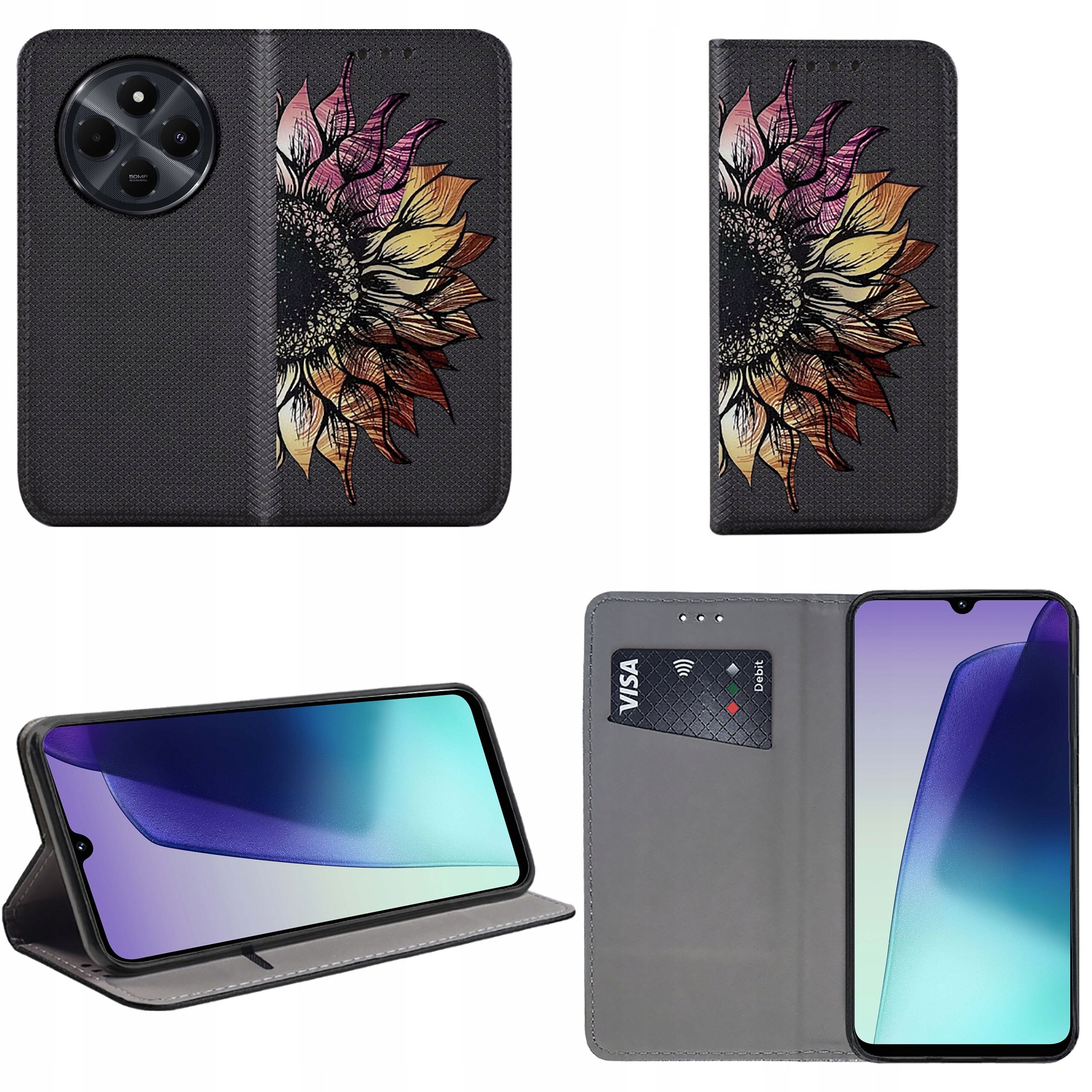Etui na telefon z motywem kolorowego kwiatu, z funkcją portfela i miejscem na kartę płatniczą. Telefon w etui jest ustawiony w pozycji poziomej, a ekran jest widoczny.