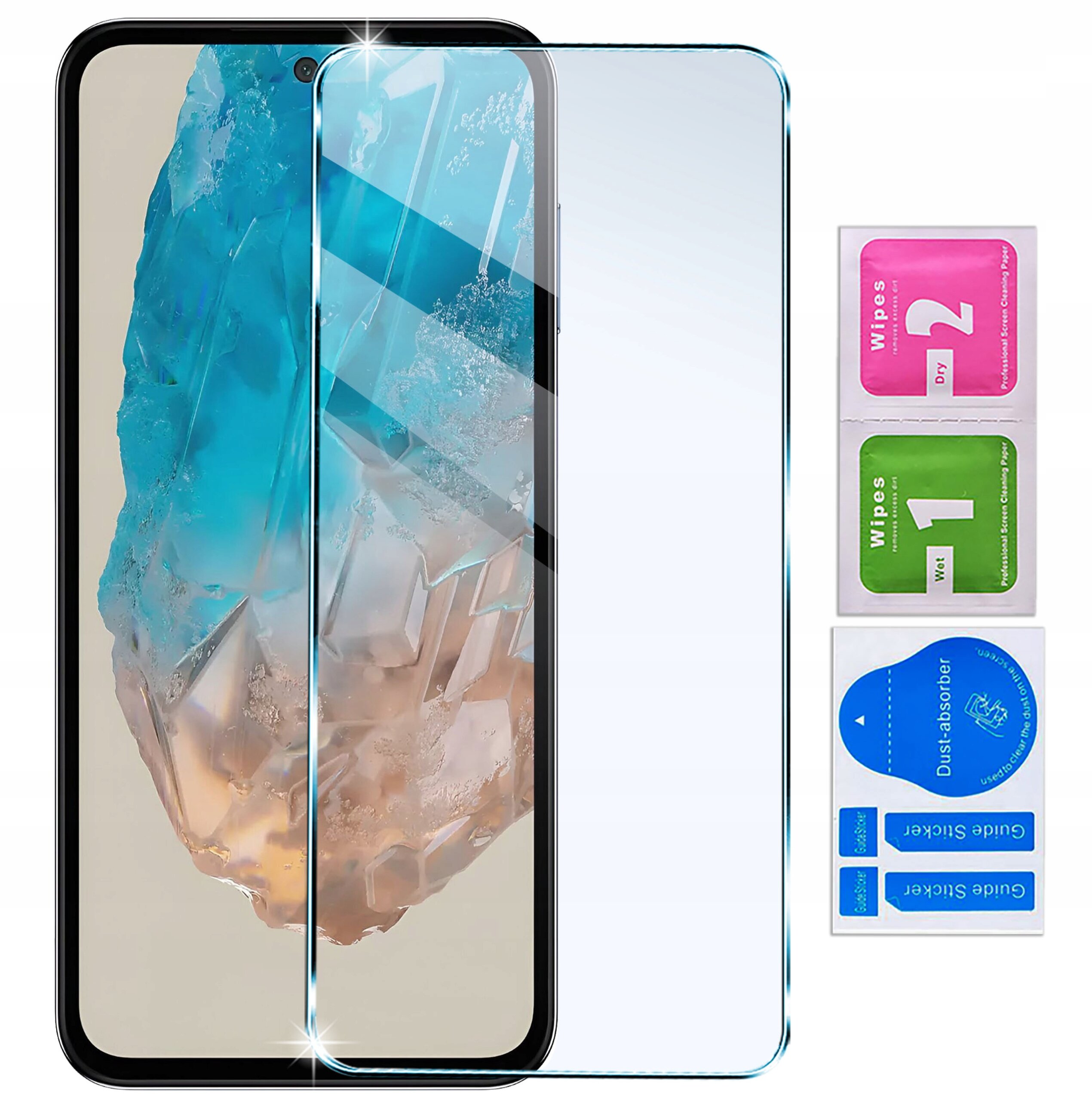 Obraz przedstawia telefon z nałożonym szkłem ochronnym, obok znajdują się dwie saszetki z napisem \'Wipes 1\' i \'Wipes 2\' oraz niebieski naklejka \'Dust absorber\'.