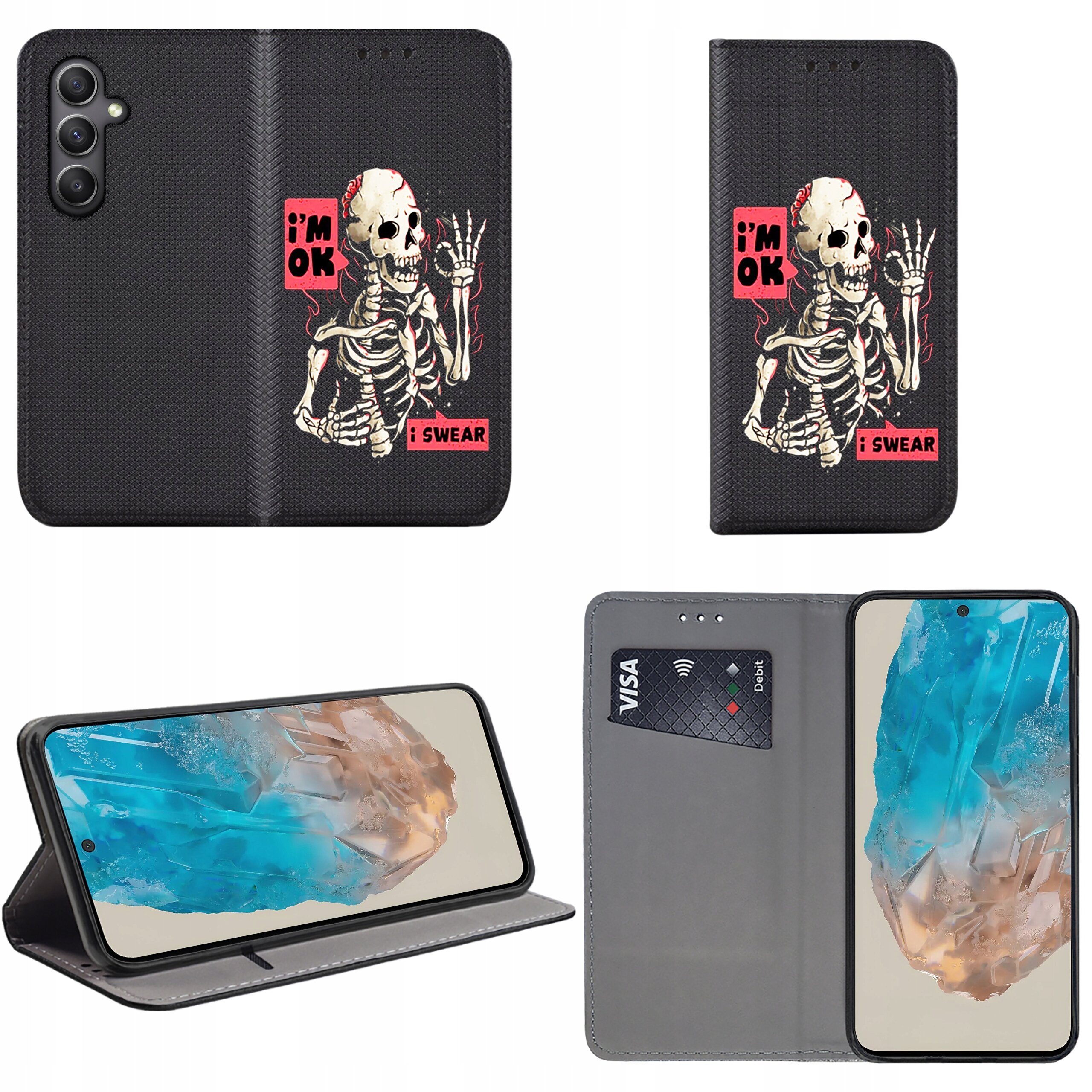 Etui na telefon z nadrukiem szkieletu i napisami \'i\'m OK\' oraz \'i SWEAR\'. Wewnątrz znajduje się miejsce na kartę płatniczą z widocznym napisem \'VISA\'.