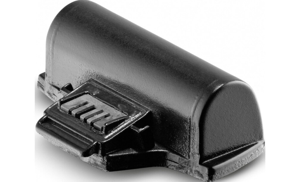 Czarna bateria o zaokrąglonym kształcie z widocznymi rowkami na powierzchni. Produkt ma solidną konstrukcję i jest przeznaczony do urządzeń KARCHER.