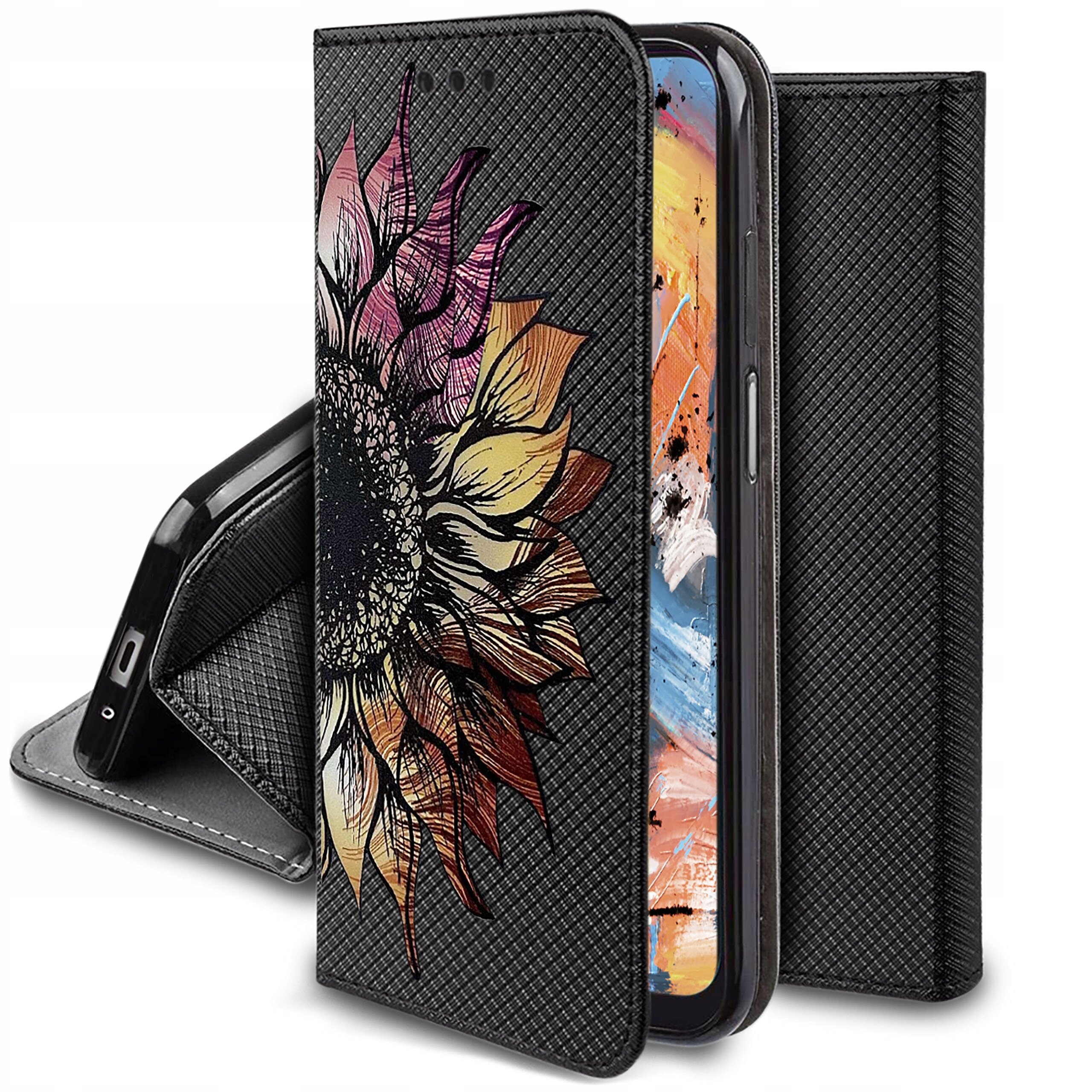 Etui na telefon z czarnym wzorem i kolorowym motywem kwiatu. Wewnątrz widoczny jest telefon z kolorowym ekranem.
