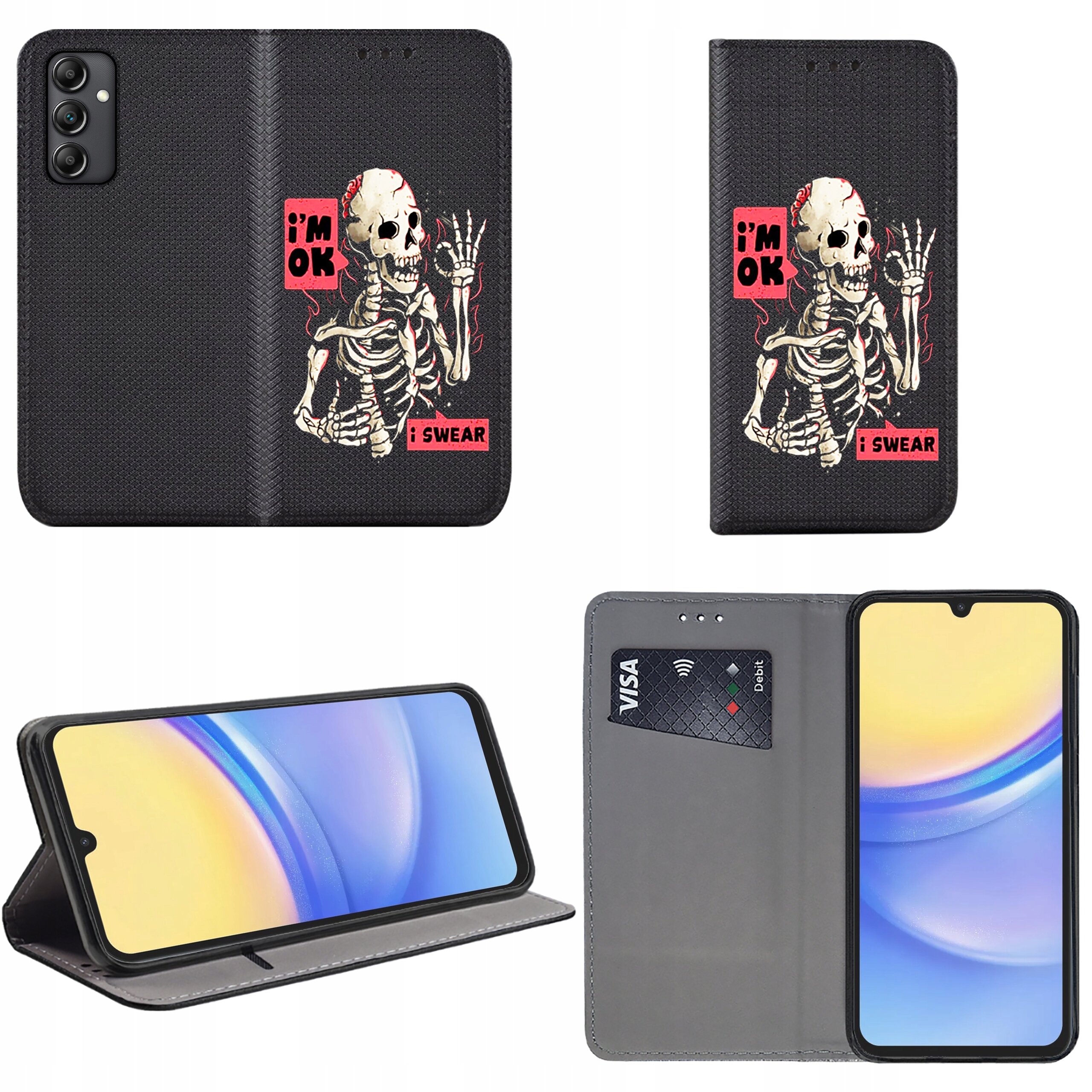 Etui na telefon z nadrukiem szkieletu i napisami \'i\'m OK\' oraz \'i SWEAR\'. Wewnątrz znajduje się miejsce na kartę płatniczą i telefon, a etui może pełnić funkcję podstawki.