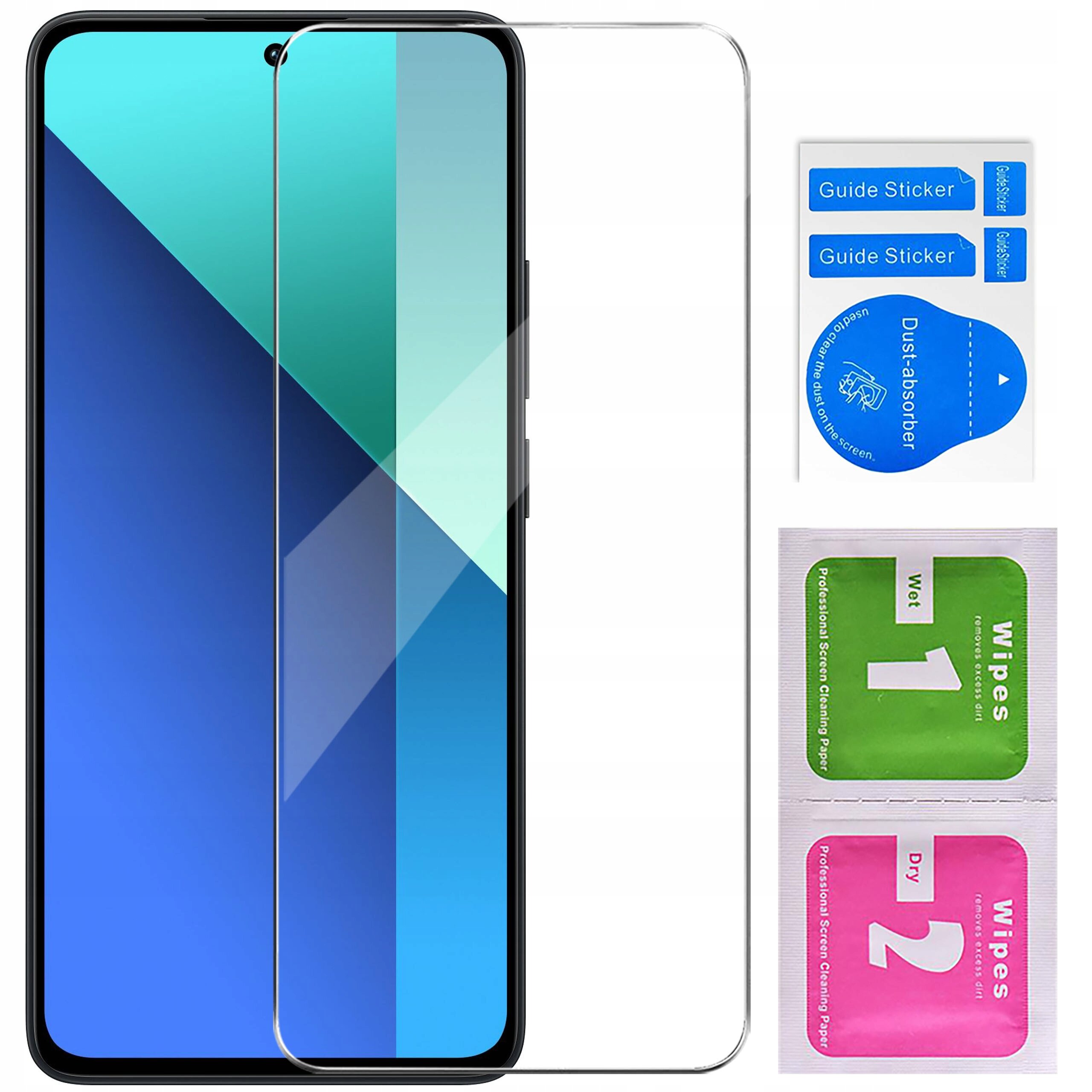 Na obrazie widoczny jest telefon z nałożonym szkłem ochronnym oraz zestaw akcesoriów do montażu, w tym naklejki \'Guide Sticker\', \'Dust-absorber\' i chusteczki \'Wet 1\' oraz \'Dry 2\'.