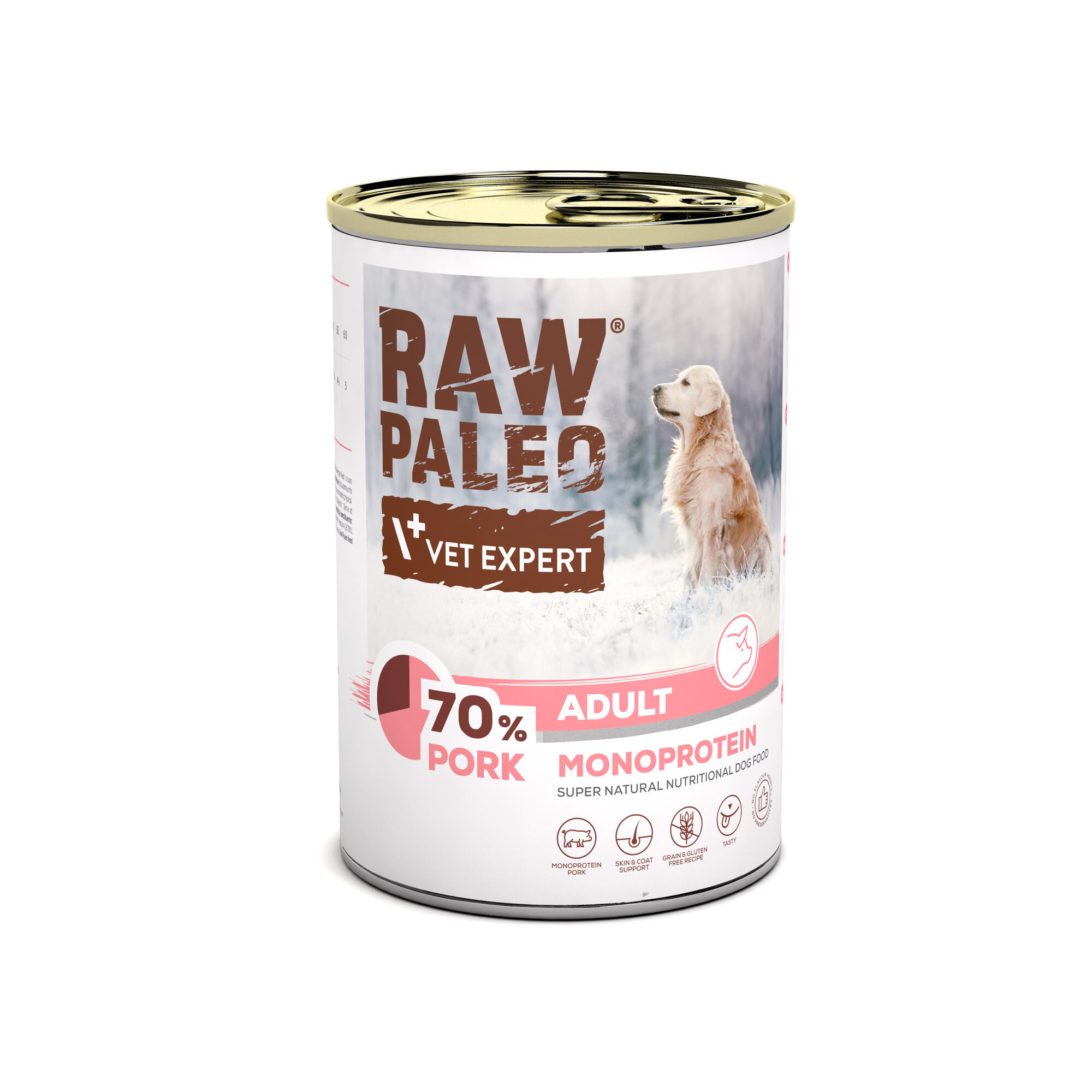 Puszka mokrej karmy dla psów z etykietą \'RAW PALEO VET EXPERT\', zawierająca 70% wieprzowiny, przeznaczona dla dorosłych psów. Na etykiecie widoczny jest obraz psa na tle zimowego krajobrazu.