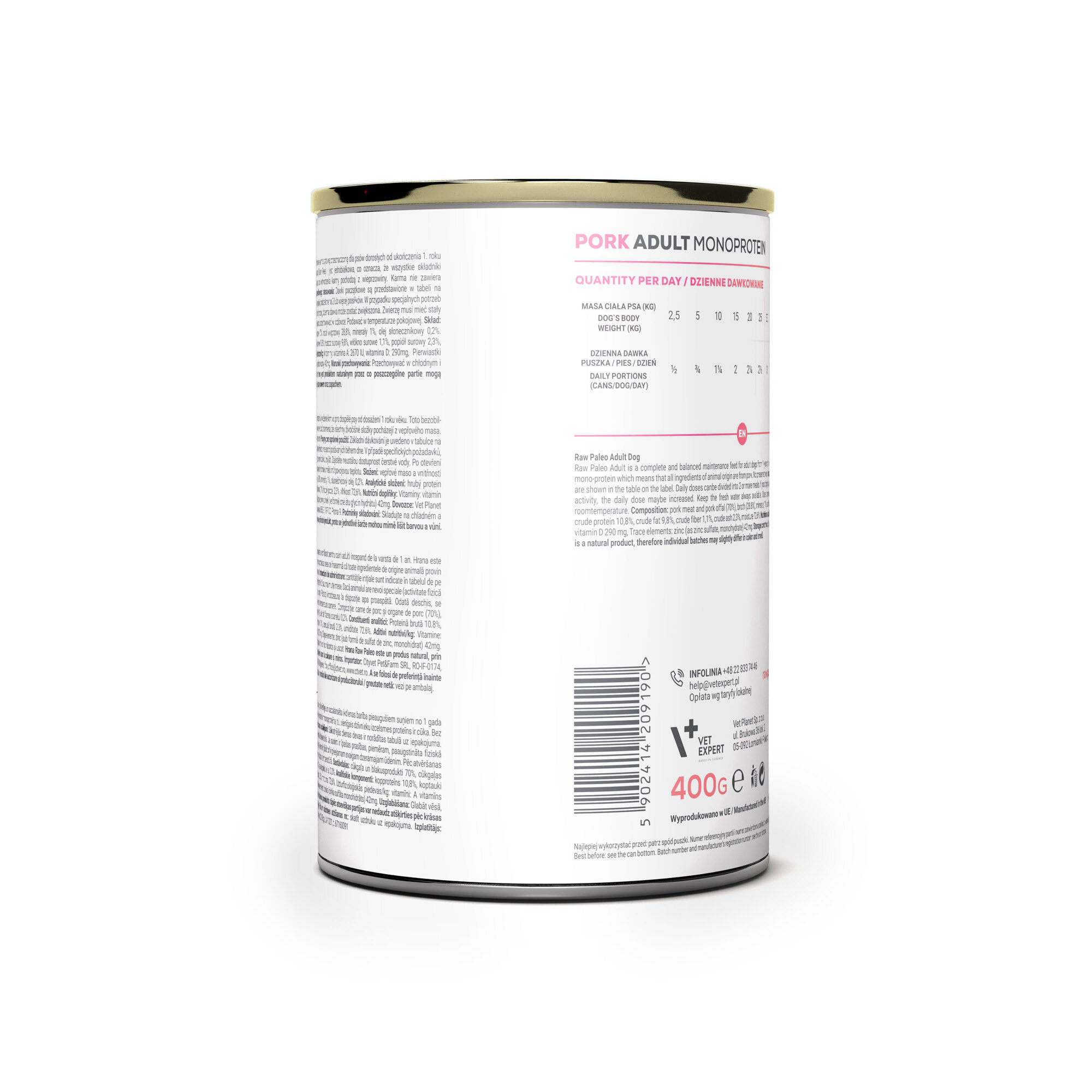 Puszka z etykietą zawierającą tekst \'PORK ADULT MONOPROTEIN\' oraz tabelę z dziennymi dawkami. Na dole widoczne jest logo \'media expert\' i oznaczenie \'400g\'.