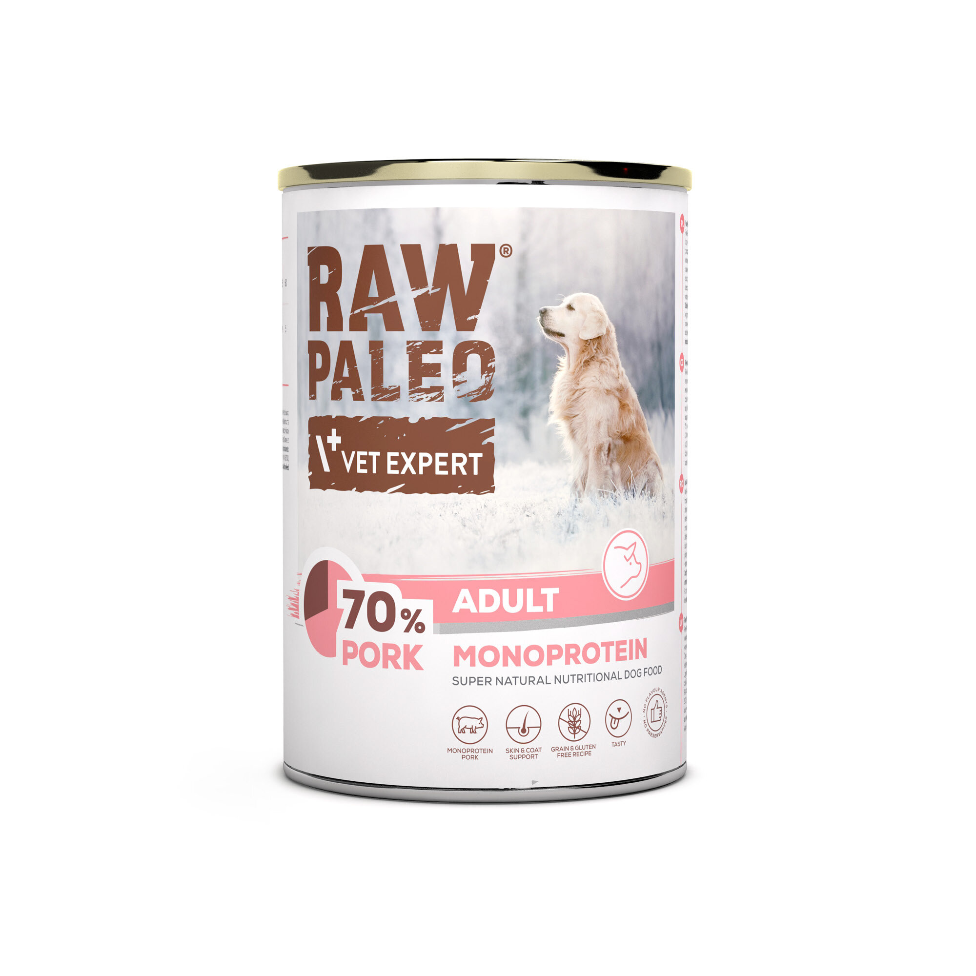 Puszka z karmą dla psów marki RAW PALEO, z napisem \'70% PORK ADULT MONOPROTEIN\'. Na etykiecie widoczny jest pies na tle zimowego krajobrazu.