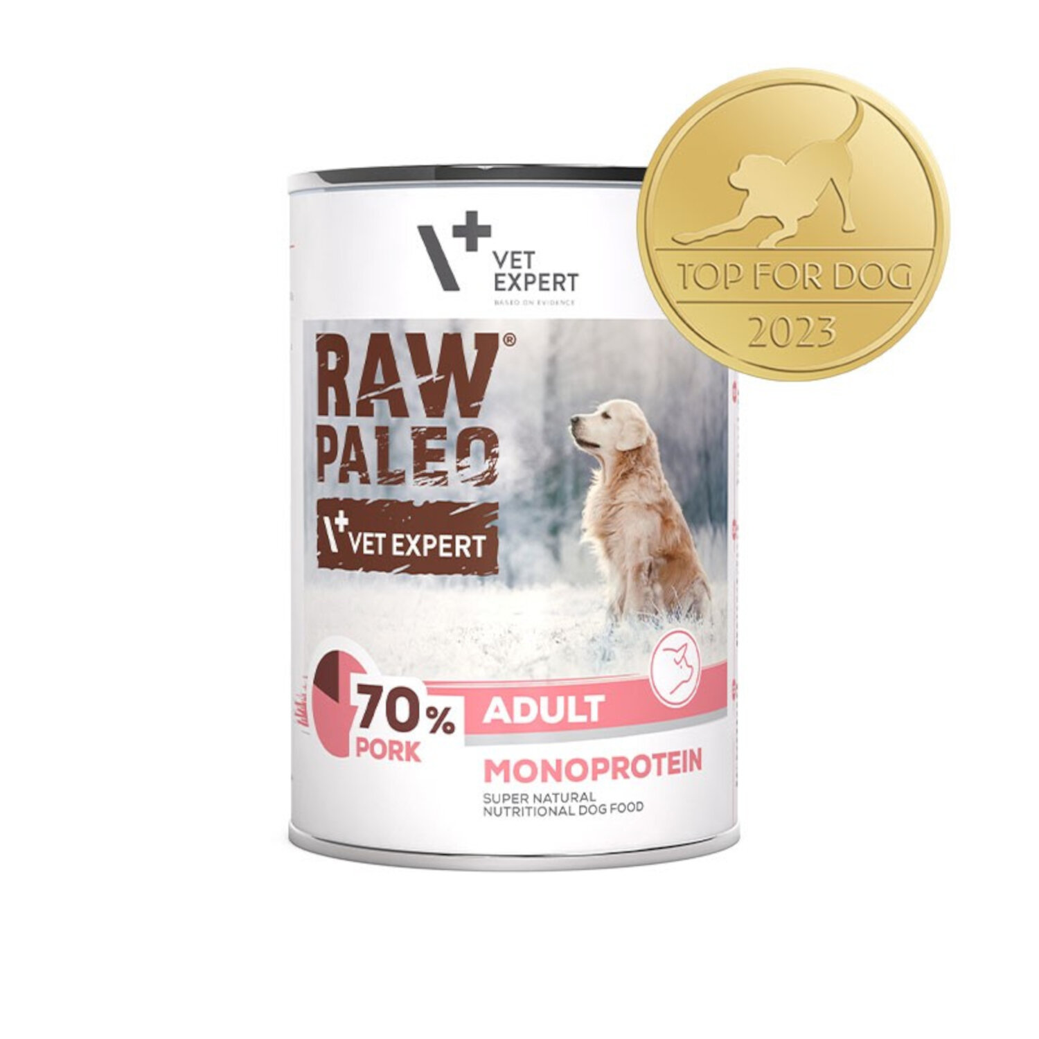 Puszka mokrej karmy dla psów z napisem \'RAW PALEO VET EXPERT 70% PORK ADULT MONOPROTEIN\'. Obok znajduje się złoty medal z napisem \'TOP FOR DOG 2023\'.