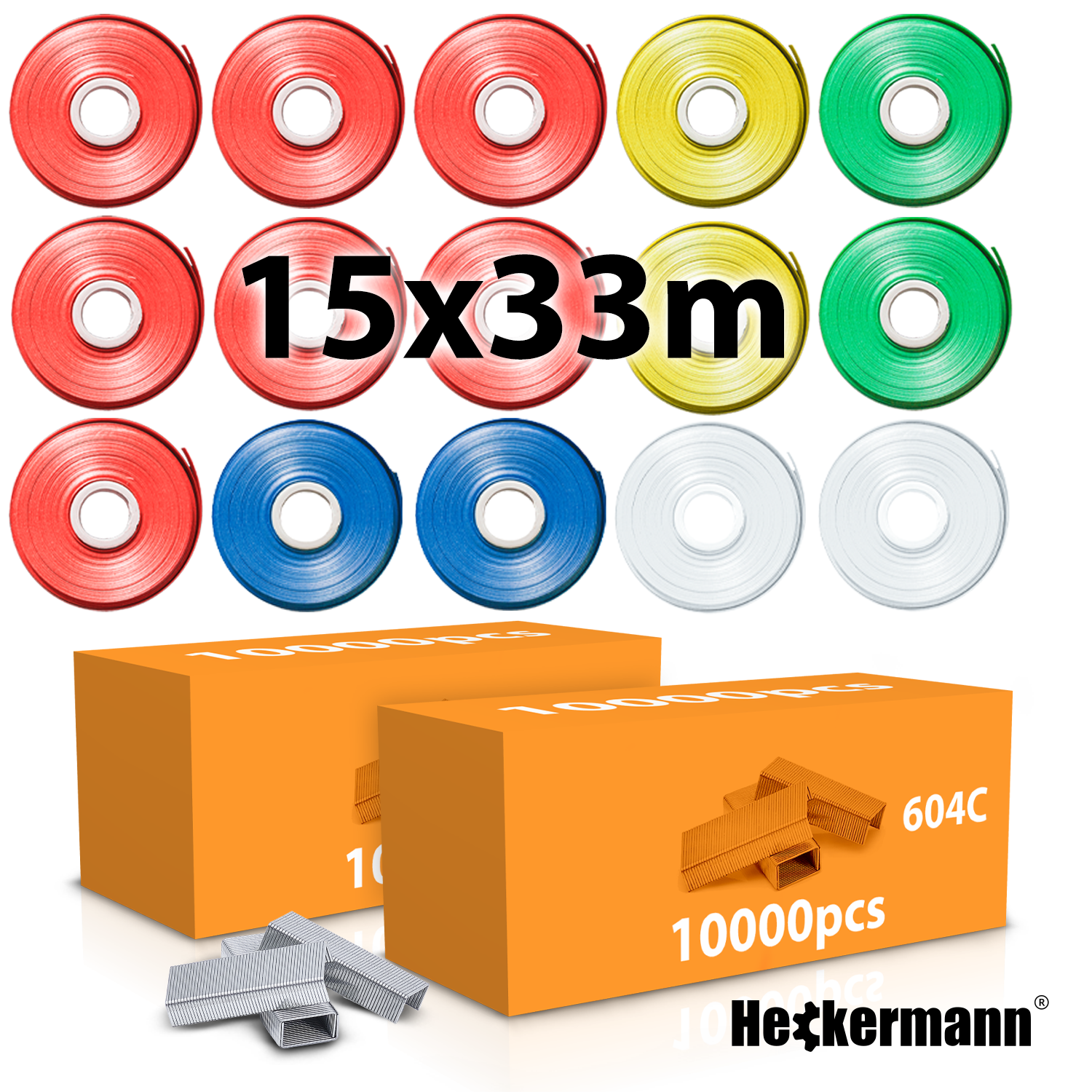 Obraz przedstawia zestaw kolorowych taśm w rolkach oraz dwie pomarańczowe pudełka z napisem \'10000pcs\' i \'604C\'. Na pudełkach widoczne jest logo \'Heckermann\'.