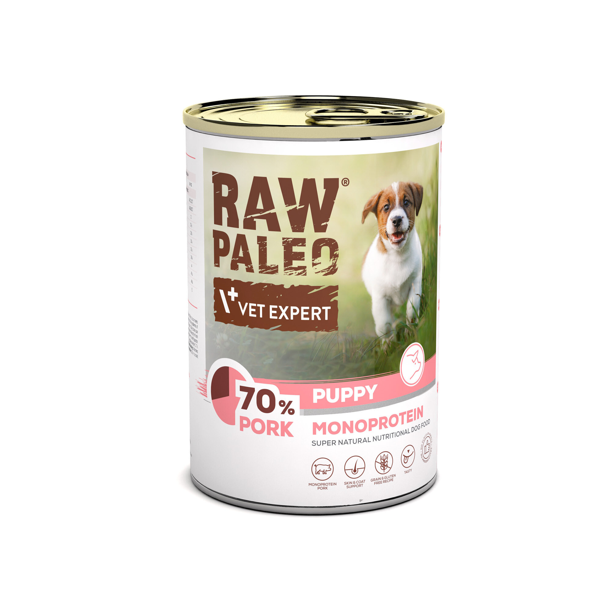 Puszka z karmą dla szczeniąt marki RAW PALEO, zawierająca 70% wieprzowiny, z napisem \'VET EXPERT\'. Na etykiecie widoczny jest obrazek szczeniaka na tle trawy.