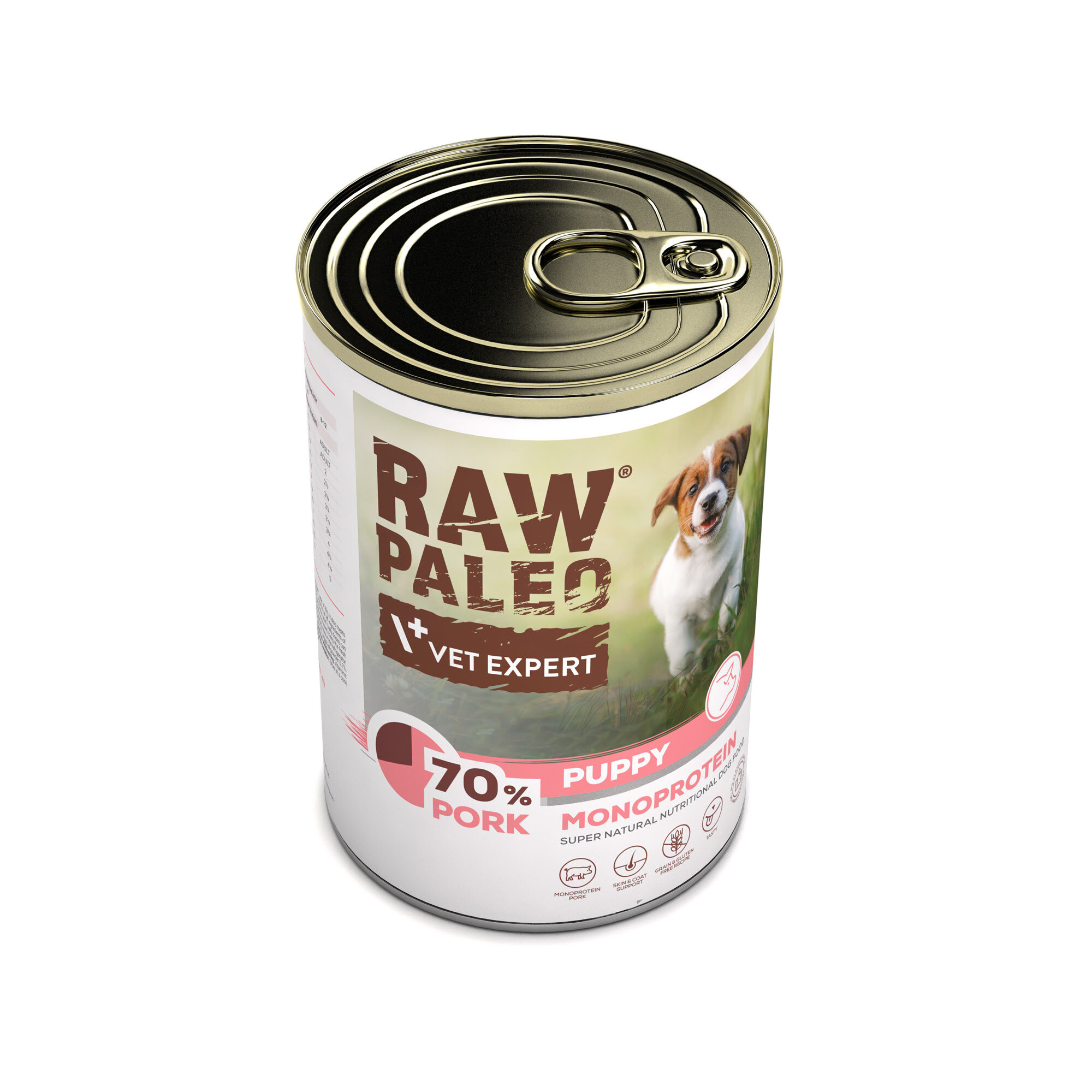 Puszka z karmą dla szczeniąt z napisem \'RAW PALEO VET EXPERT 70% PORK PUPPY MONOPROTEIN\'. Na etykiecie widoczny jest obrazek szczeniaka.