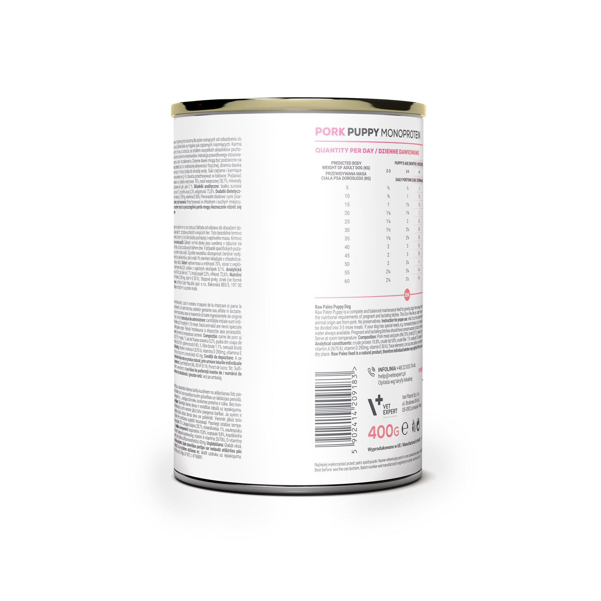 Biała puszka z etykietą zawierającą tekst \'PORK PUPPY MONOPROTEIN\' oraz tabelę z ilością karmy na dzień. Na dole widoczny jest kod kreskowy i oznaczenie \'400G\'.
