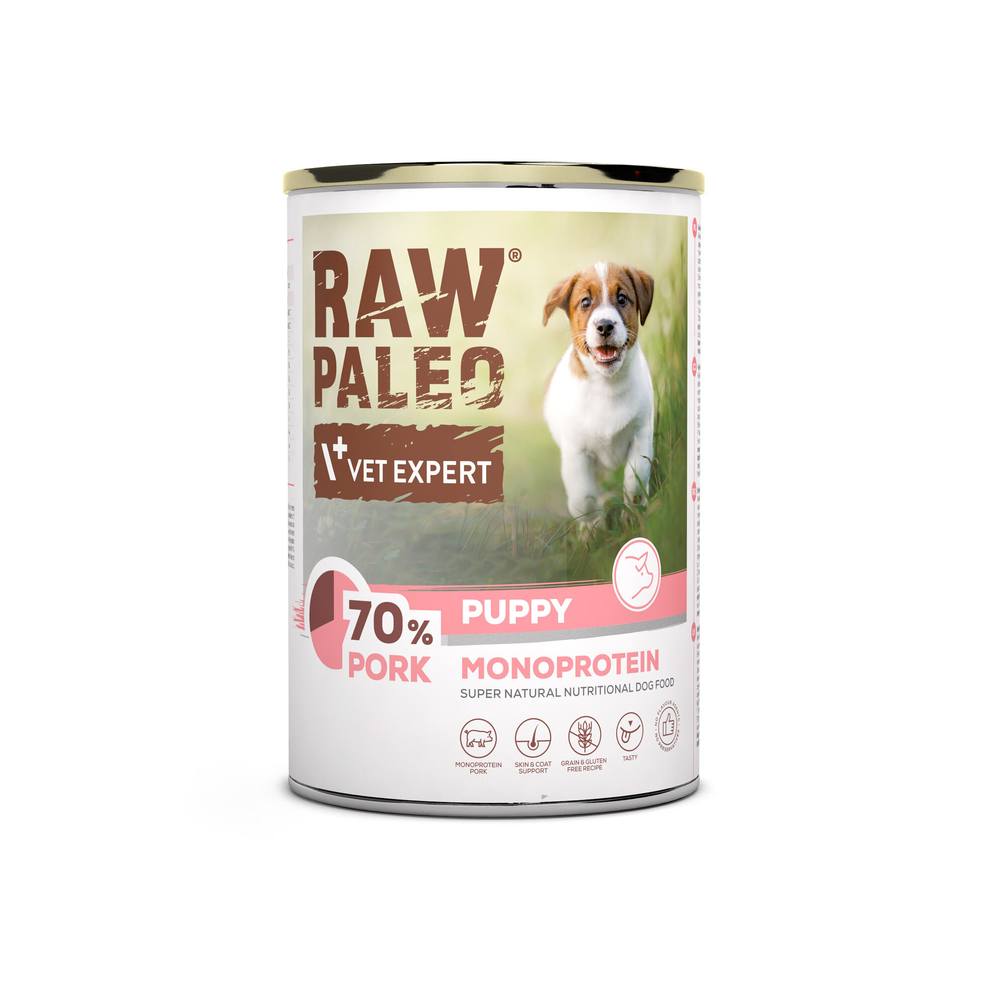 Puszka z karmą dla szczeniąt z napisem \'RAW PALEO VET EXPERT 70% PORK PUPPY MONOPROTEIN\'. Na etykiecie widoczny jest obrazek szczeniaka na tle trawy.