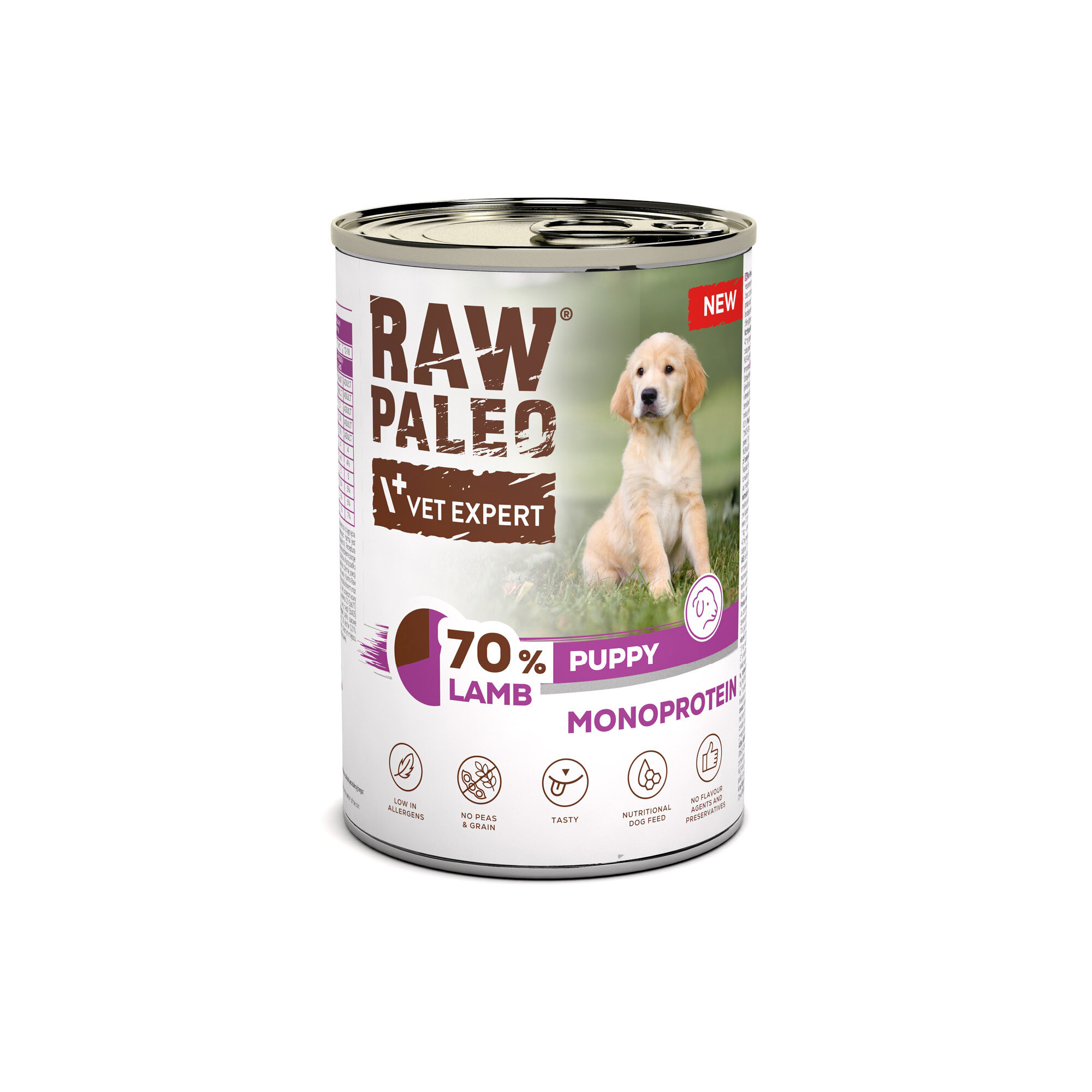 Puszka z karmą dla szczeniąt marki RAW PALEO z napisem \'70% LAMB PUPPY MONOPROTEIN\'. Na etykiecie widoczny jest obrazek szczeniaka oraz logo \'VET EXPERT\'.