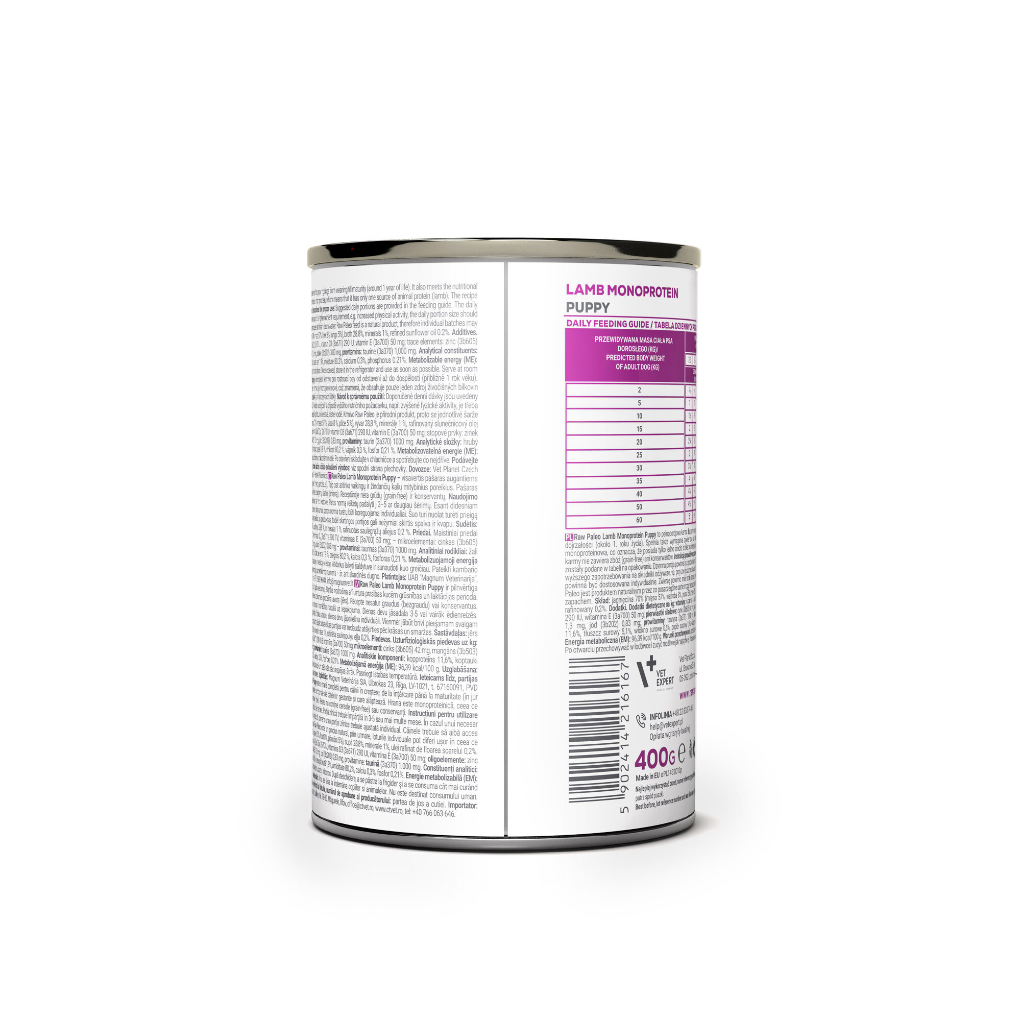 Puszka z mokrą karmą dla szczeniąt, na etykiecie widoczny jest tekst \'LAMB MONOPROTEIN PUPPY\' oraz tabela z przewodnikiem żywienia. Na dole etykiety znajduje się kod kreskowy i informacja o wadze 400g.