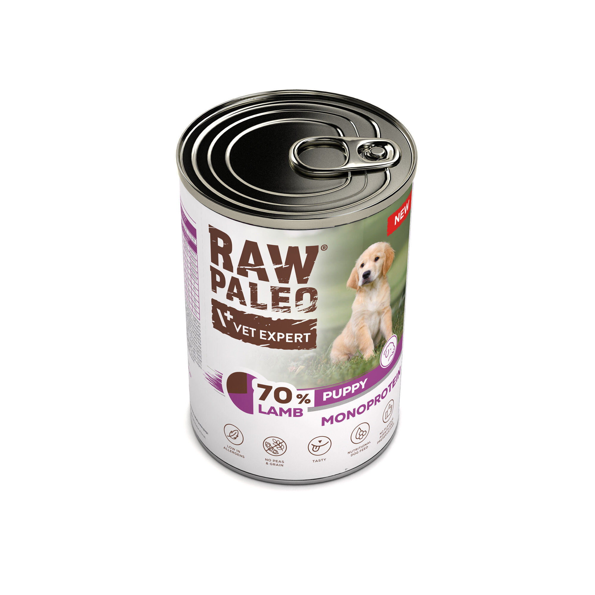 Puszka z mokrą karmą dla szczeniąt z napisem \'RAW PALEO VET EXPERT\' oraz zdjęciem szczeniaka. Na etykiecie widnieje informacja \'70% LAMB PUPPY MONOPROTEIN\'.