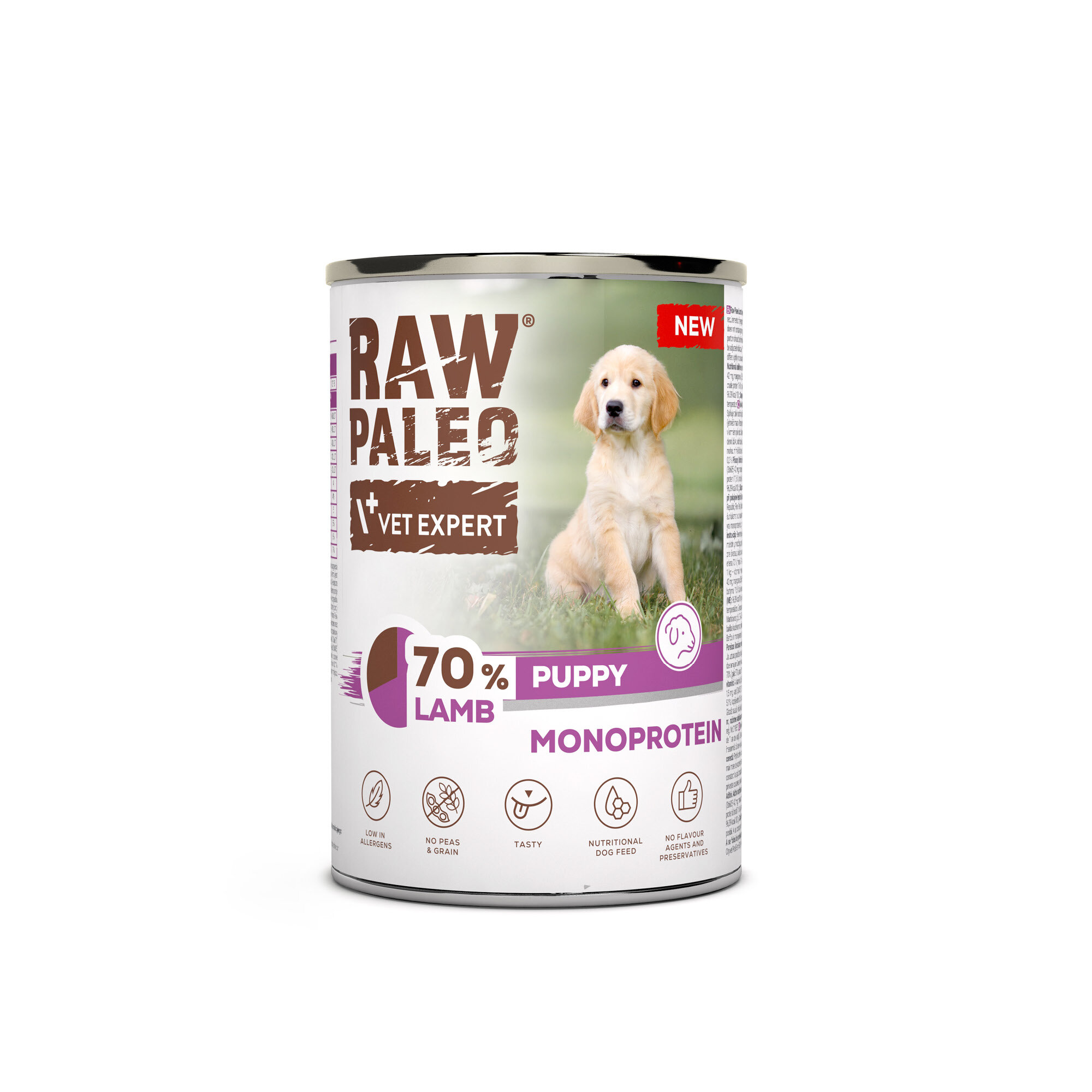 Puszka mokrej karmy dla szczeniąt z etykietą \'RAW PALEO VET EXPERT\' i zdjęciem szczeniaka na tle trawy. Na etykiecie widnieje napis \'70% LAMB PUPPY MONOPROTEIN\'.
