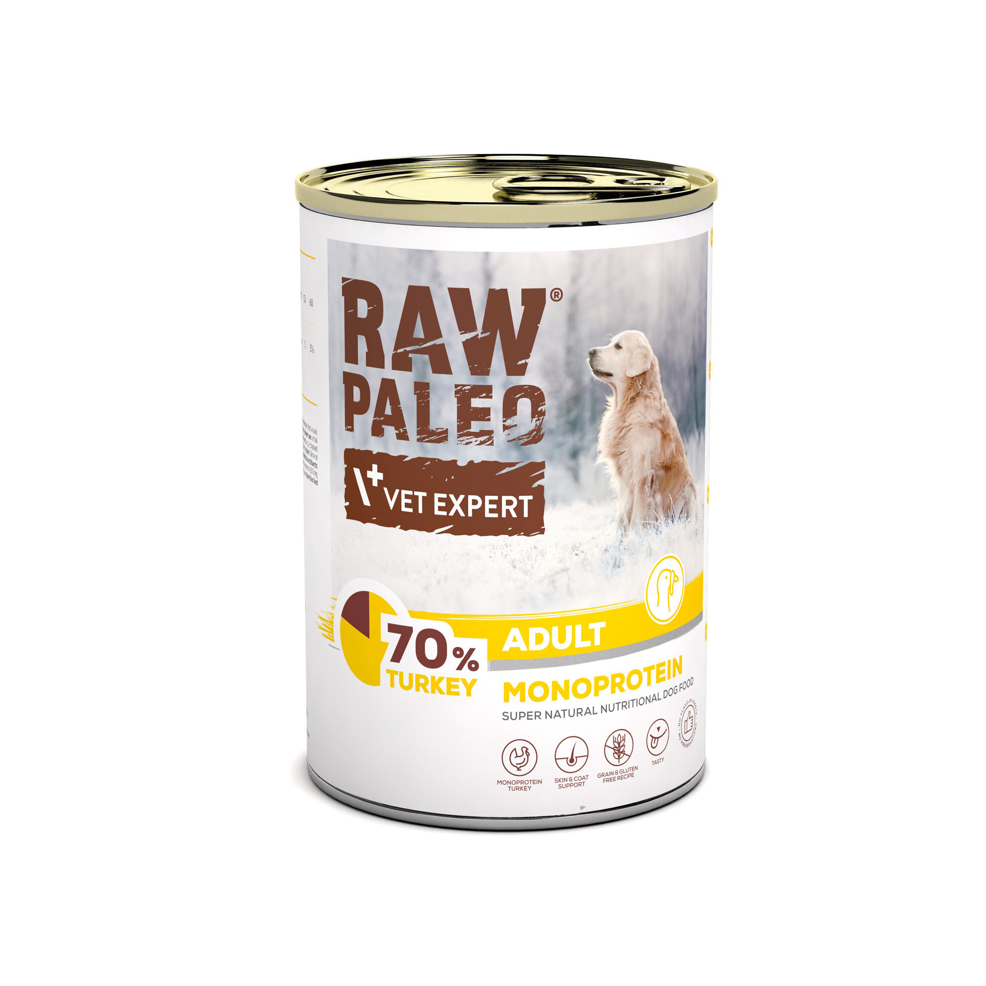 Puszka z karmą dla psów z etykietą \'RAW PALEO VET EXPERT 70% TURKEY ADULT MONOPROTEIN\'. Na etykiecie widoczny jest pies na tle zimowego krajobrazu.