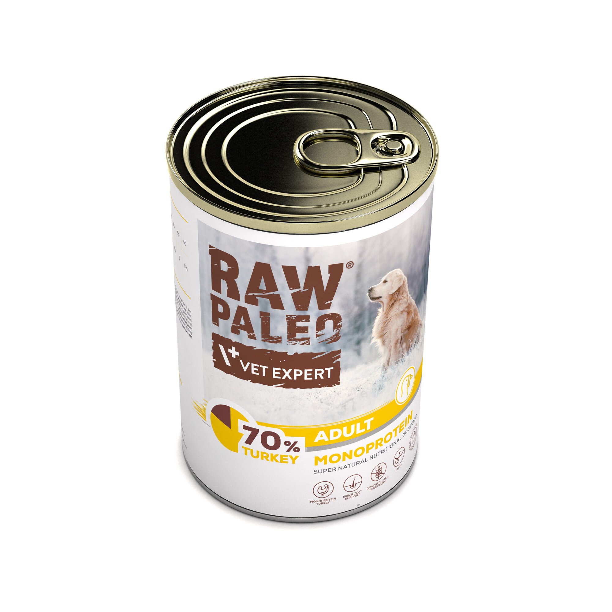 Puszka z karmą dla psów z etykietą \'RAW PALEO VET EXPERT 70% TURKEY ADULT MONOPROTEIN\'. Na etykiecie widoczny jest wizerunek psa na tle śniegu.