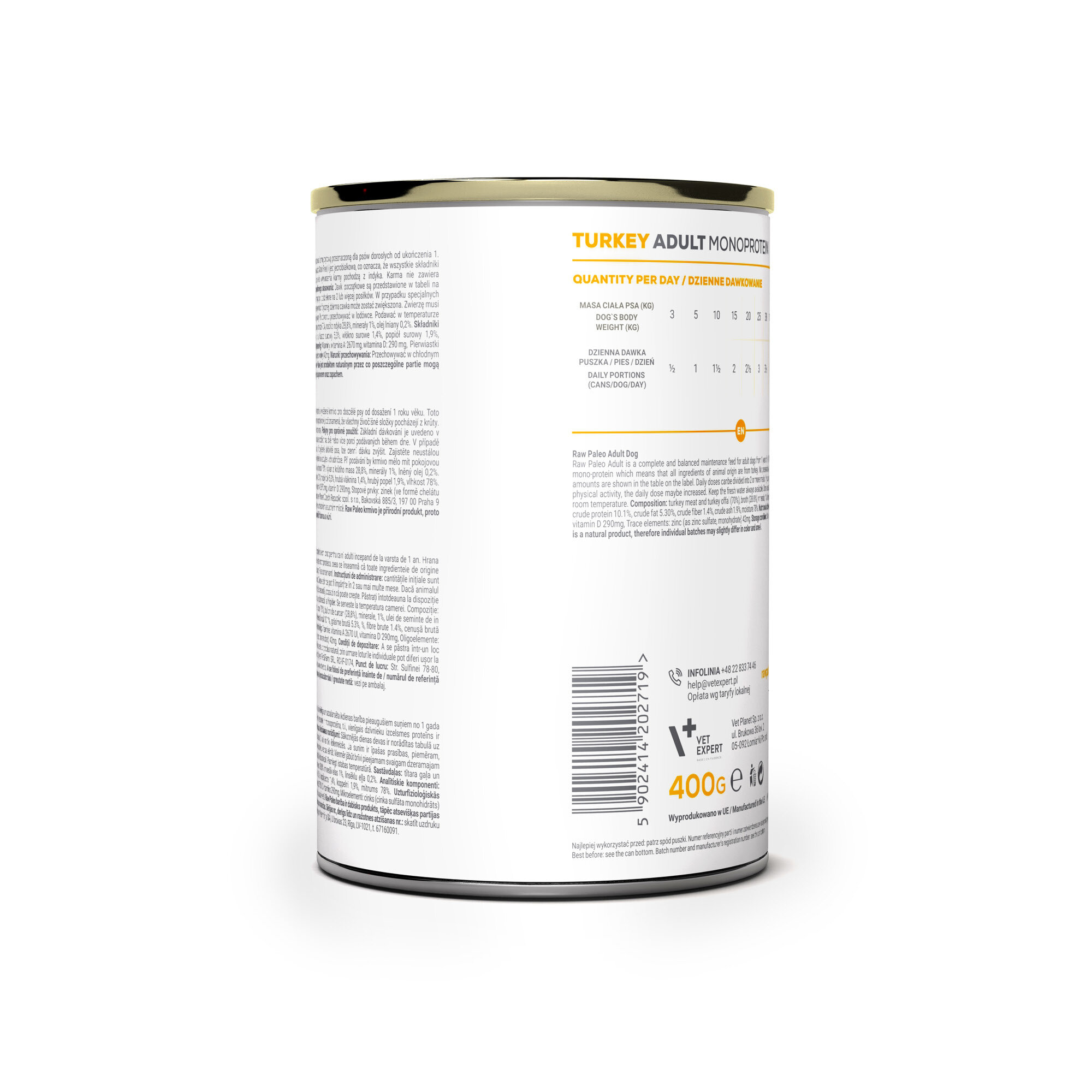 Puszka z białą etykietą zawierającą tekst w języku angielskim i polskim, z informacjami o produkcie \'TURKEY ADULT MONOPROTEIN\'. Widoczny jest kod kreskowy oraz oznaczenie wagi 400g.