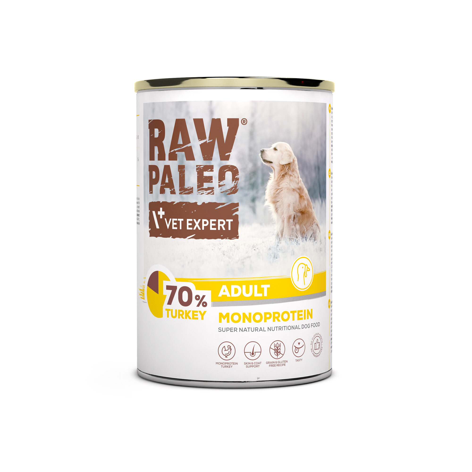 Puszka z karmą dla psów z etykietą \'RAW PALEO VET EXPERT\' oraz zdjęciem psa. Na etykiecie widnieje napis \'70% TURKEY ADULT MONOPROTEIN\'.