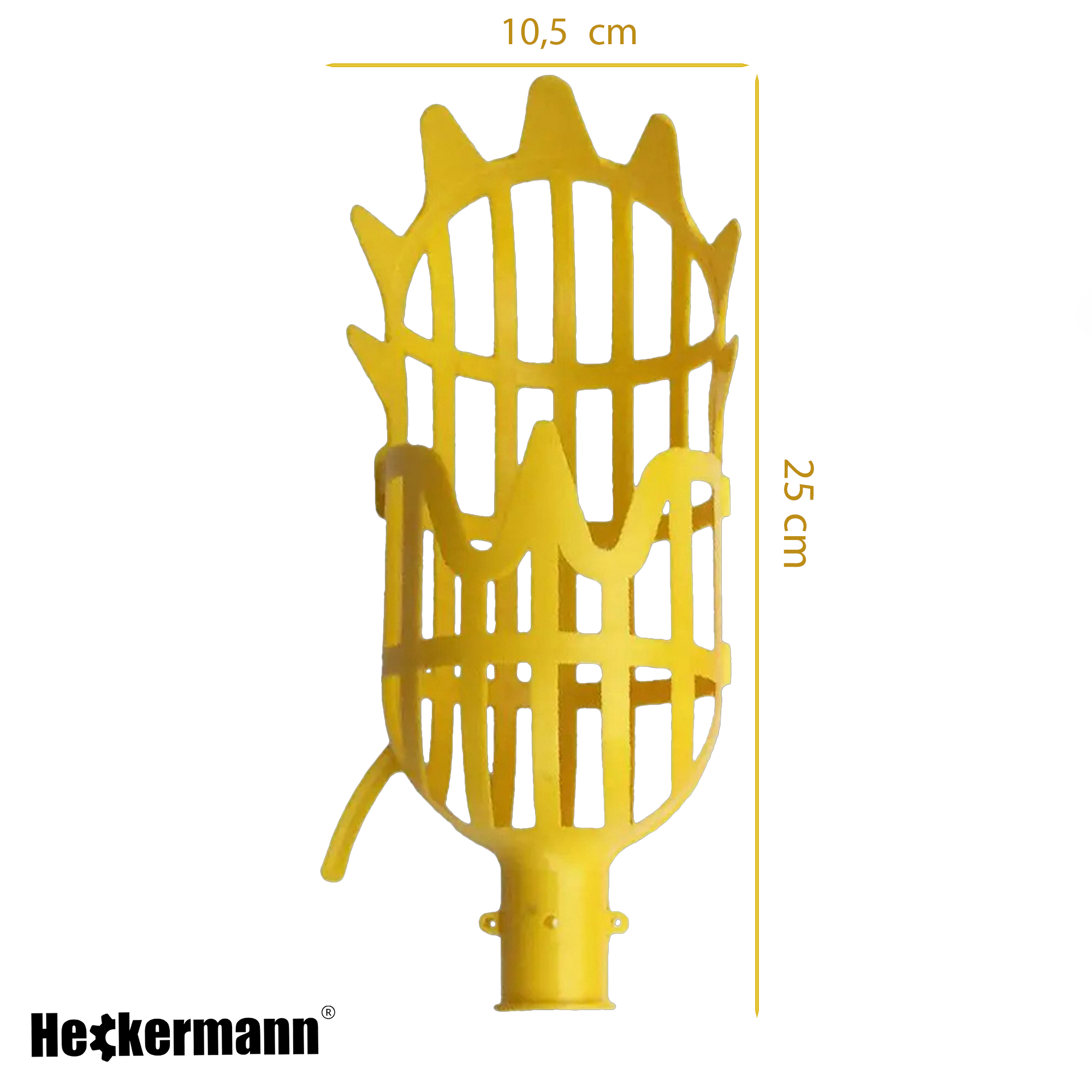 Żółta zbieraczka do owoców z otworami, o wymiarach 10,5 cm szerokości i 25 cm wysokości. Logo \'Heckermann\' znajduje się w lewym dolnym rogu.