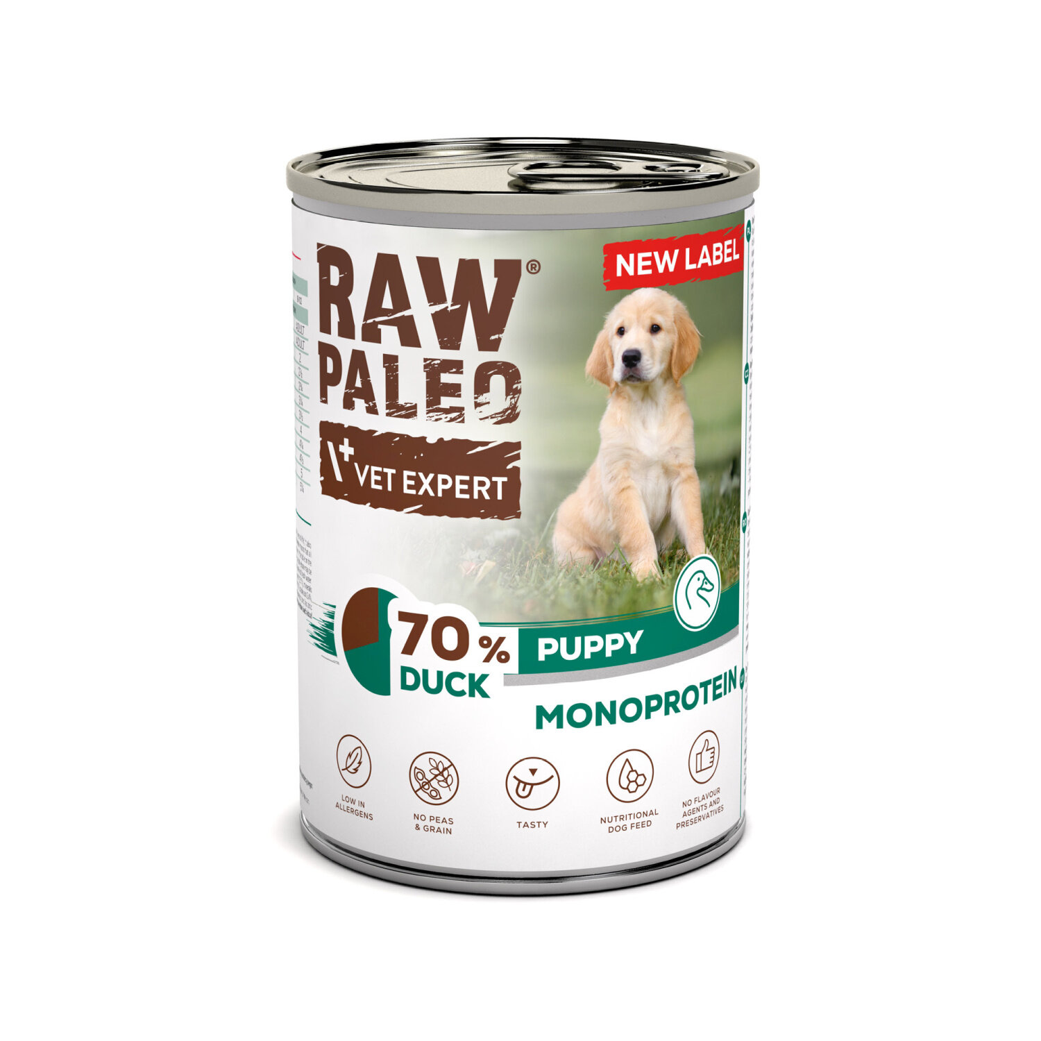 Puszka mokrej karmy dla szczeniąt z kaczką, oznaczona jako RAW PALEO VET EXPERT, z napisem \'70% DUCK PUPPY MONOPROTEIN\'. Na etykiecie widoczny jest obrazek szczeniaka oraz ikony wskazujące na brak alergenów, brak grochu i zbóż, smakowitość, wartości odżywcze i brak sztucznych dodatków.
