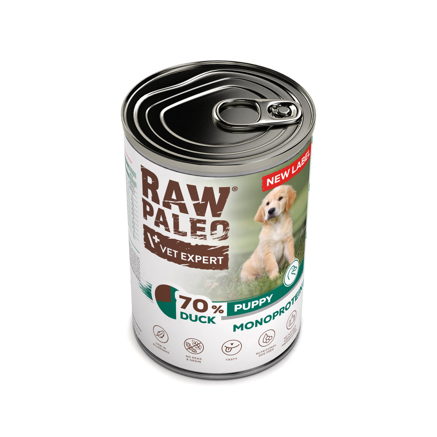 Puszka mokrej karmy dla szczeniąt z kaczką, oznaczona jako RAW PALEO VET EXPERT. Na etykiecie widnieje napis \'70% DUCK PUPPY MONOPROTEIN\' oraz zdjęcie szczeniaka.