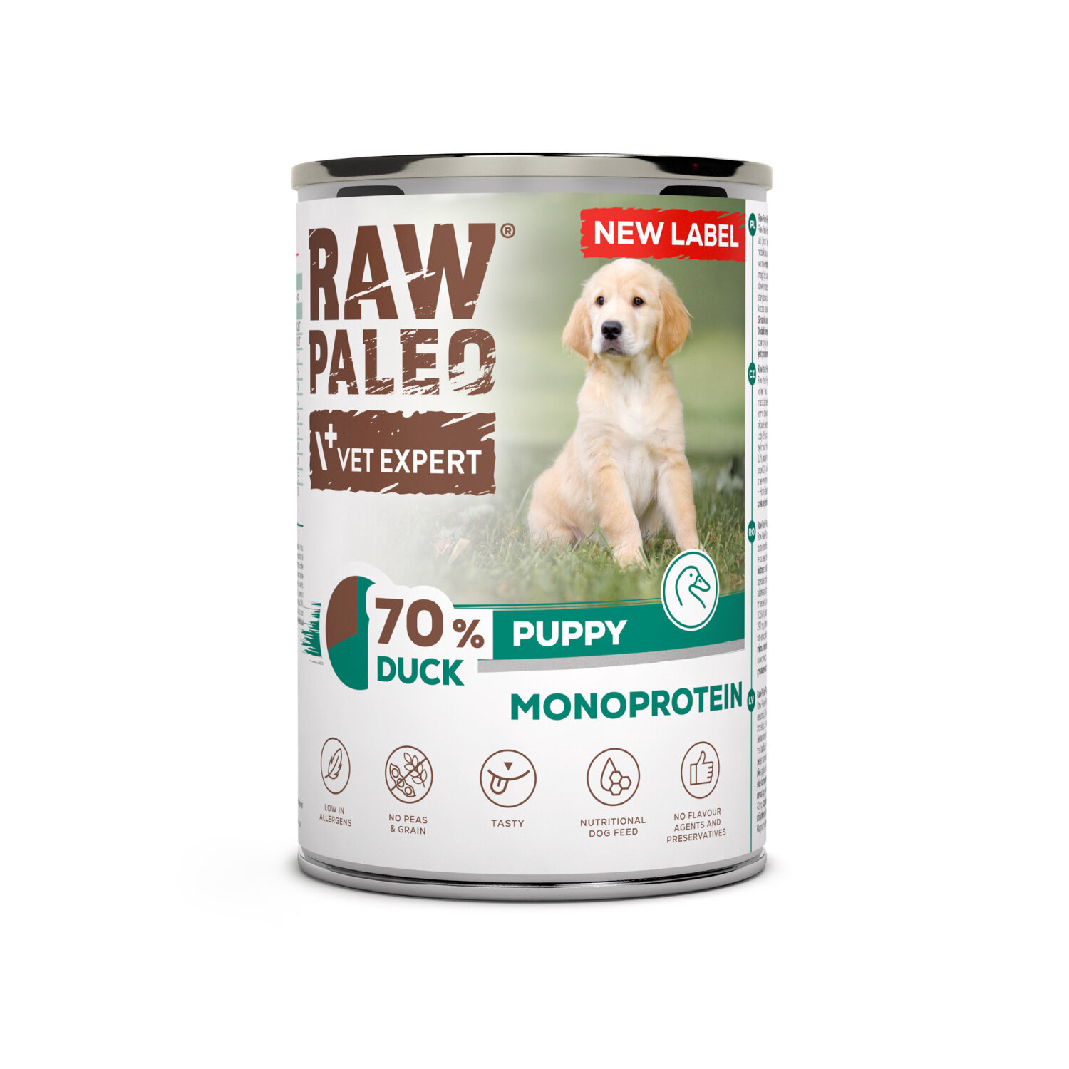 Puszka mokrej karmy dla szczeniąt z kaczką, oznaczona jako \'RAW PALEO VET EXPERT\'. Na etykiecie widnieje napis \'70% DUCK PUPPY MONOPROTEIN\' oraz zdjęcie szczeniaka.