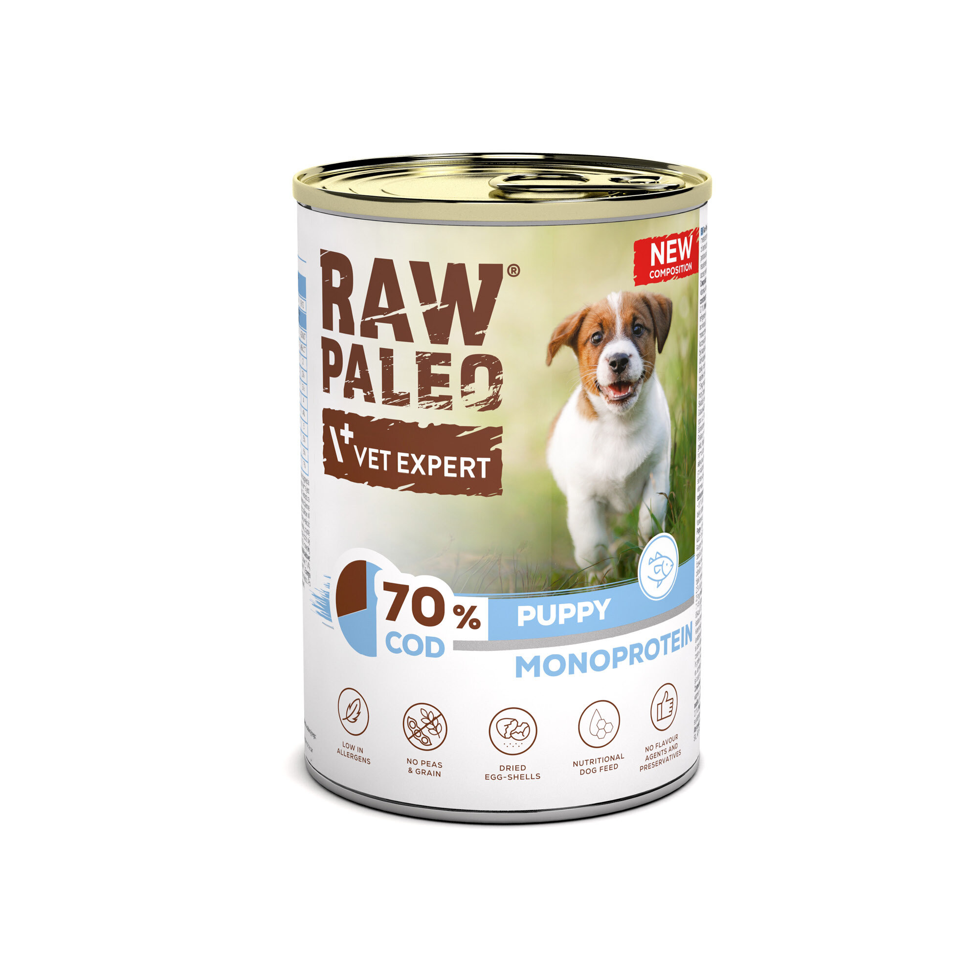 Puszka mokrej karmy dla szczeniąt z etykietą \'RAW PALEO VET EXPERT\' i zdjęciem szczeniaka. Na etykiecie widnieje napis \'70% COD PUPPY MONOPROTEIN\' oraz ikony informujące o niskiej zawartości alergenów, braku grochu i zbóż, suszonych skorupkach jaj, wartości odżywczej i braku sztucznych dodatków.
