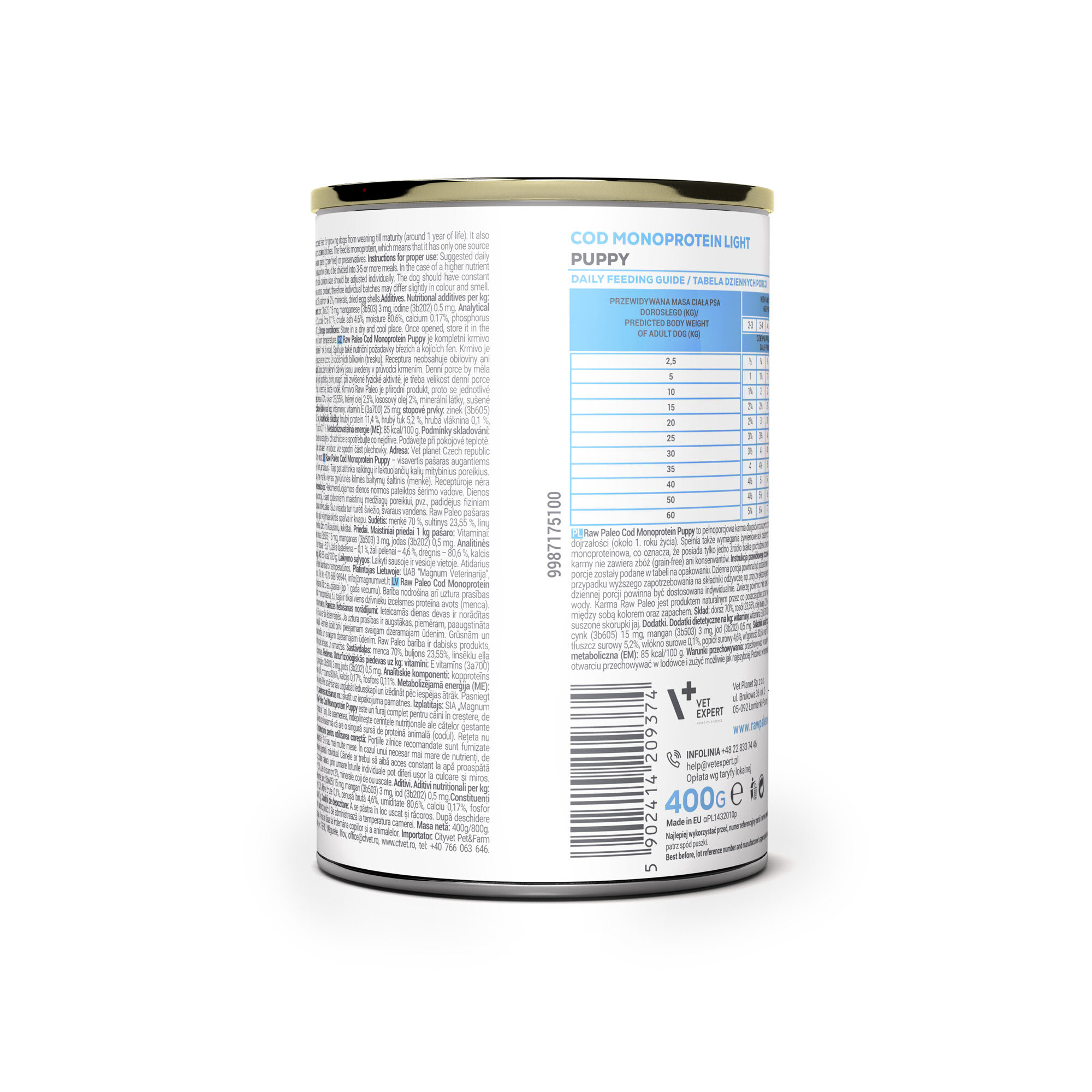 Puszka z etykietą zawierającą tekst \'COD MONOPROTEIN LIGHT PUPPY\' oraz tabelę z dziennym przewodnikiem żywieniowym. Na dole widoczne jest logo \'VET EXPERT\' i informacja o wadze 400g.