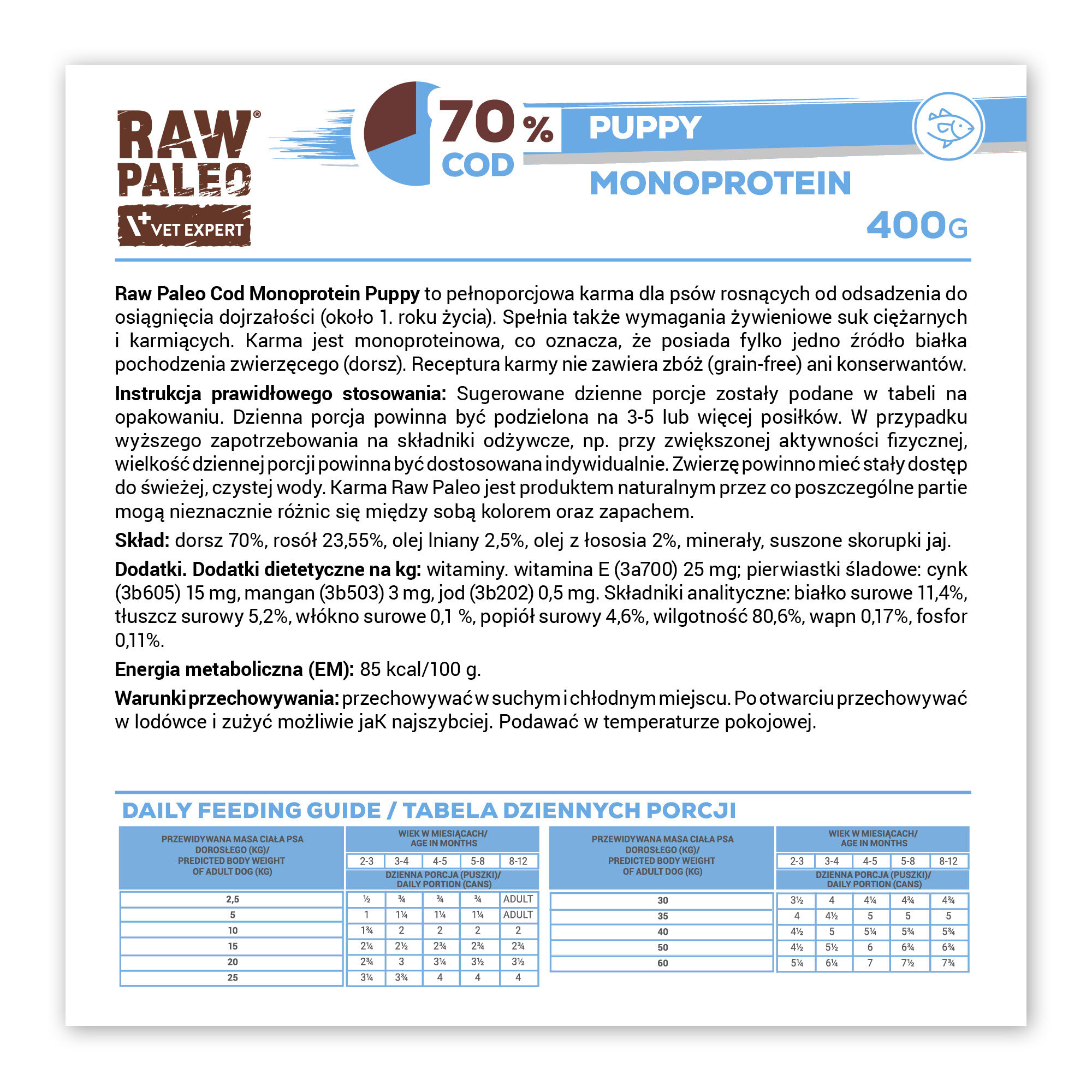 Opakowanie mokrej karmy dla szczeniąt \'RAW PALEO PUPPY COD 400g - monoproteina z dorszem\'. Widoczny tekst zawiera informacje o składzie, instrukcji stosowania oraz tabelę dziennych porcji.