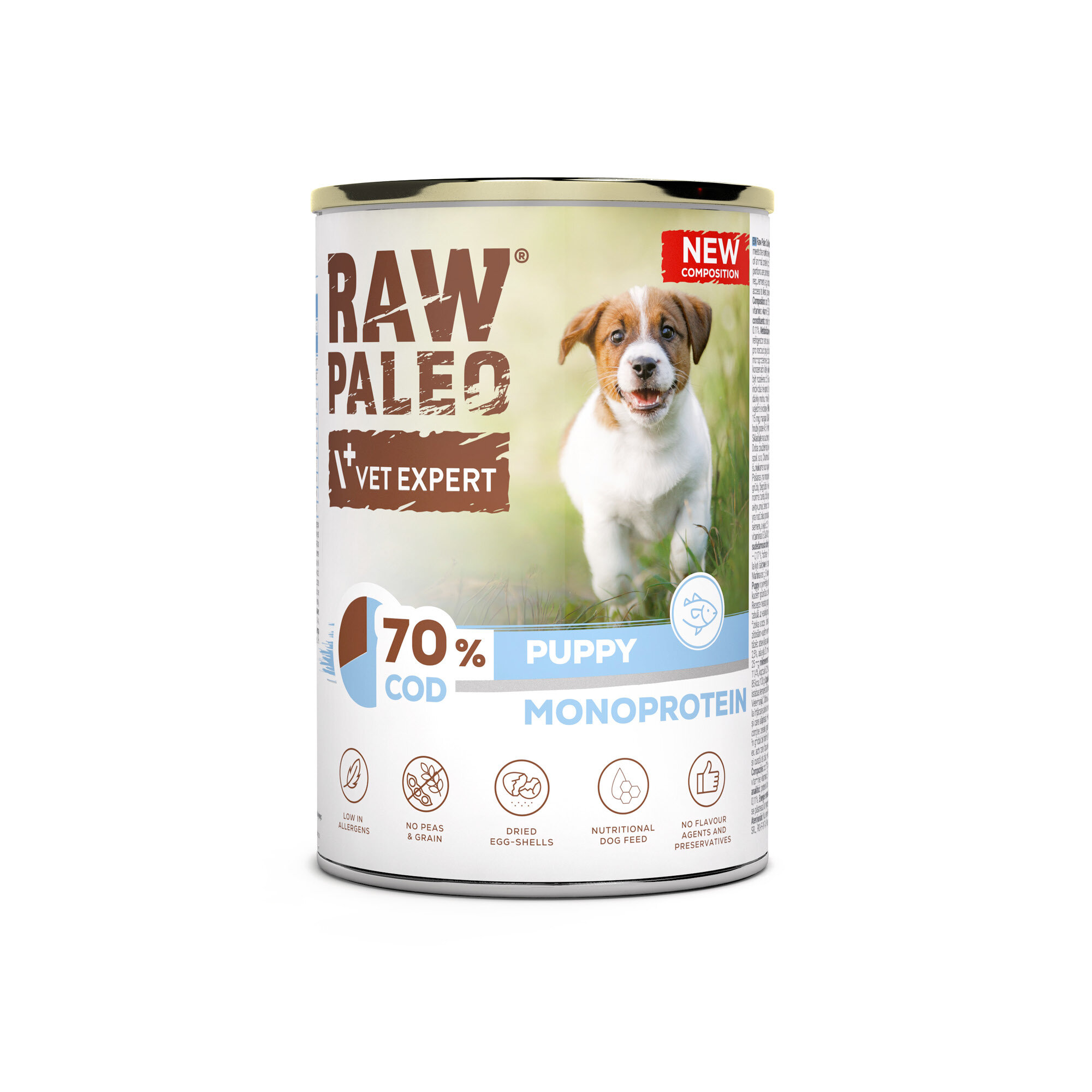 Puszka mokrej karmy dla szczeniąt z etykietą \'RAW PALEO VET EXPERT\' i zdjęciem szczeniaka na trawie. Na etykiecie widnieje napis \'70% COD PUPPY MONOPROTEIN\' oraz ikony informujące o składnikach i właściwościach produktu.