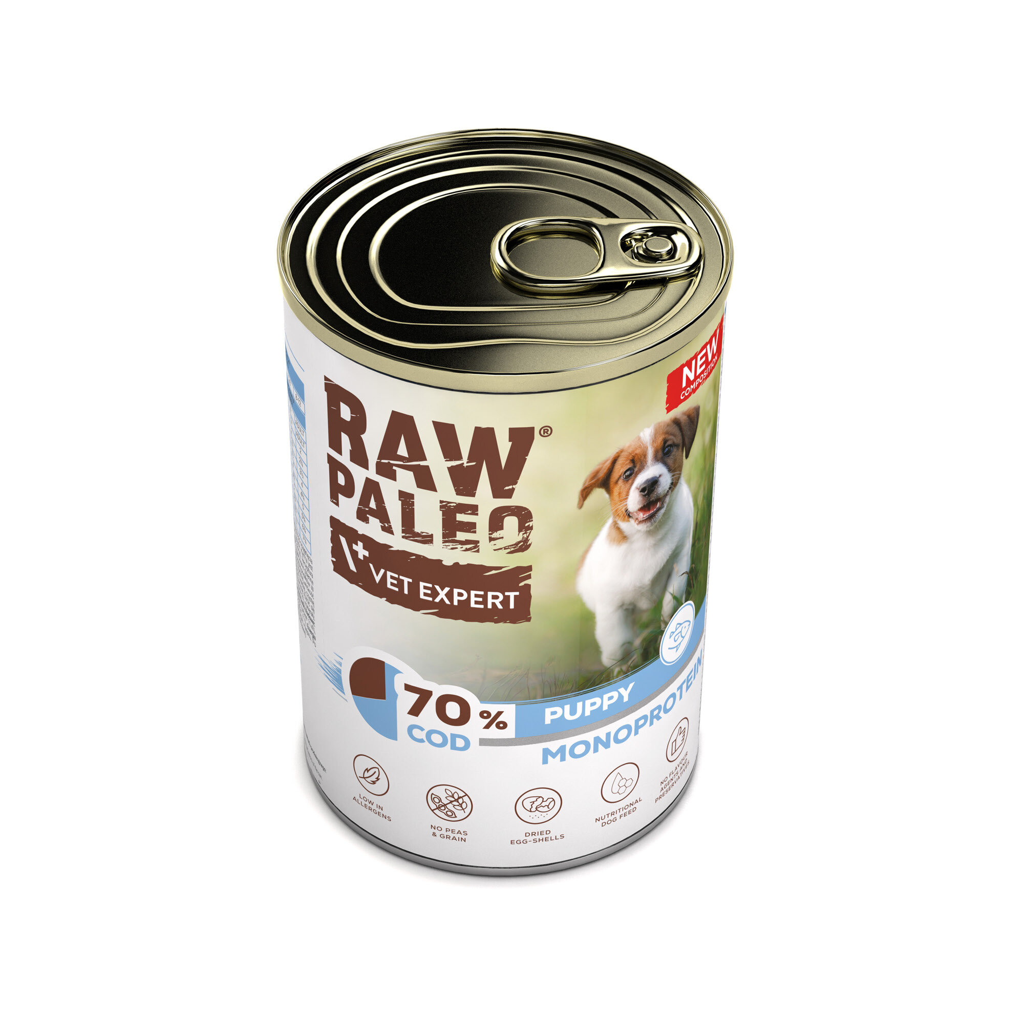 Puszka mokrej karmy dla szczeniąt z etykietą \'RAW PALEO VET EXPERT\' oraz informacją \'70% COD PUPPY MONOPROTEIN\'. Na etykiecie widoczny jest obrazek szczeniaka.